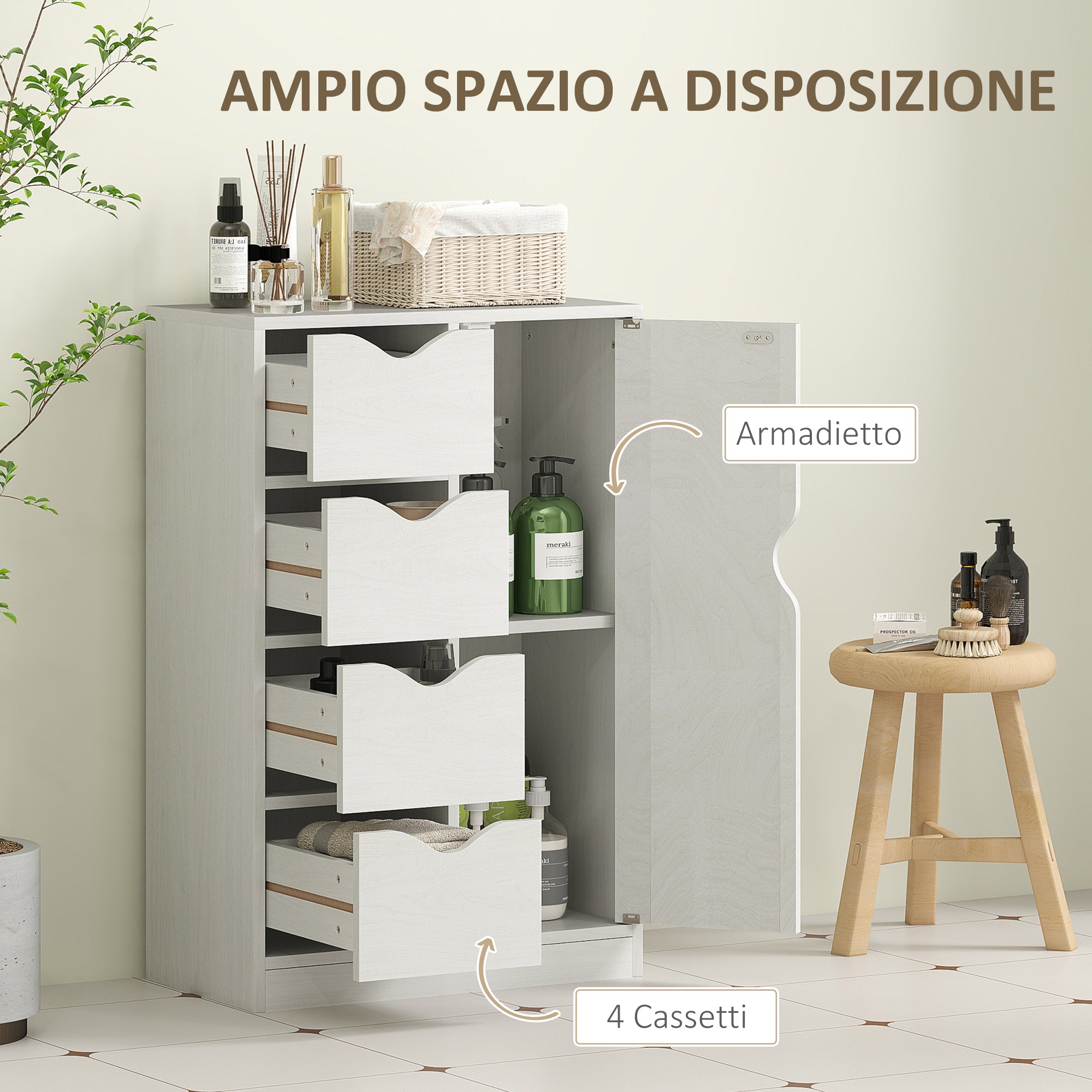 Bathroom Cabinet with 4 Drawers, 2-Tier Storage Cabinet with Cut-Out Handles, Wooden, 54x29x83 cm, White