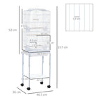 Bird Cage, Metal and Steel Aviary with Wheels, Perches and Bowls, 46.5x36x157cm, White