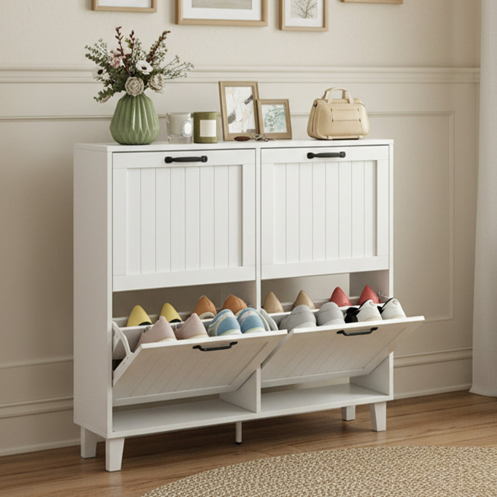 HOMCOM Shoe Cabinet, 4 Folding Drawers, Space-Saving with Adjustable Shelves, White