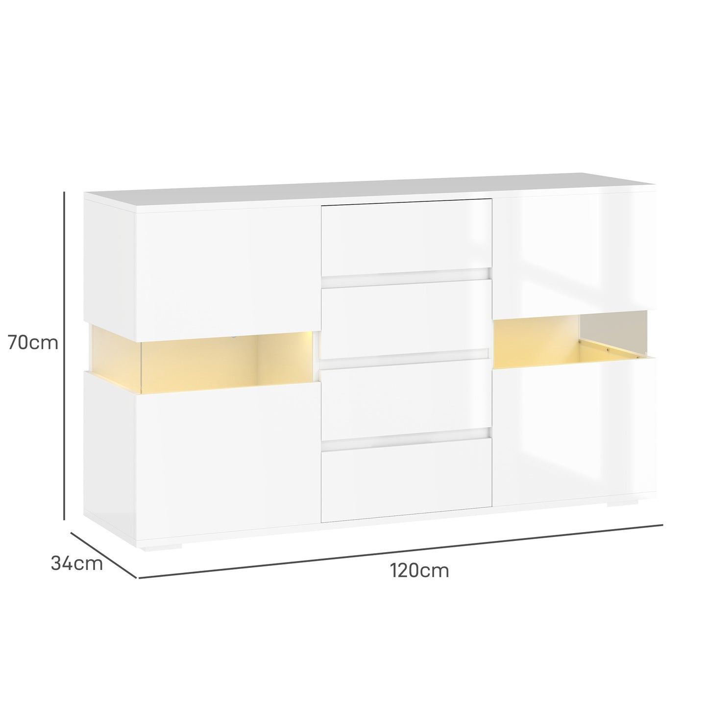 Modern Sideboard with LED Adjustable with Remote Control, 4 Drawers and 2 Cabinets, 120x34x70 cm, White