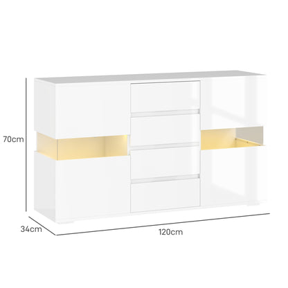 Modern Sideboard with LED Adjustable with Remote Control, 4 Drawers and 2 Cabinets, 120x34x70 cm, White