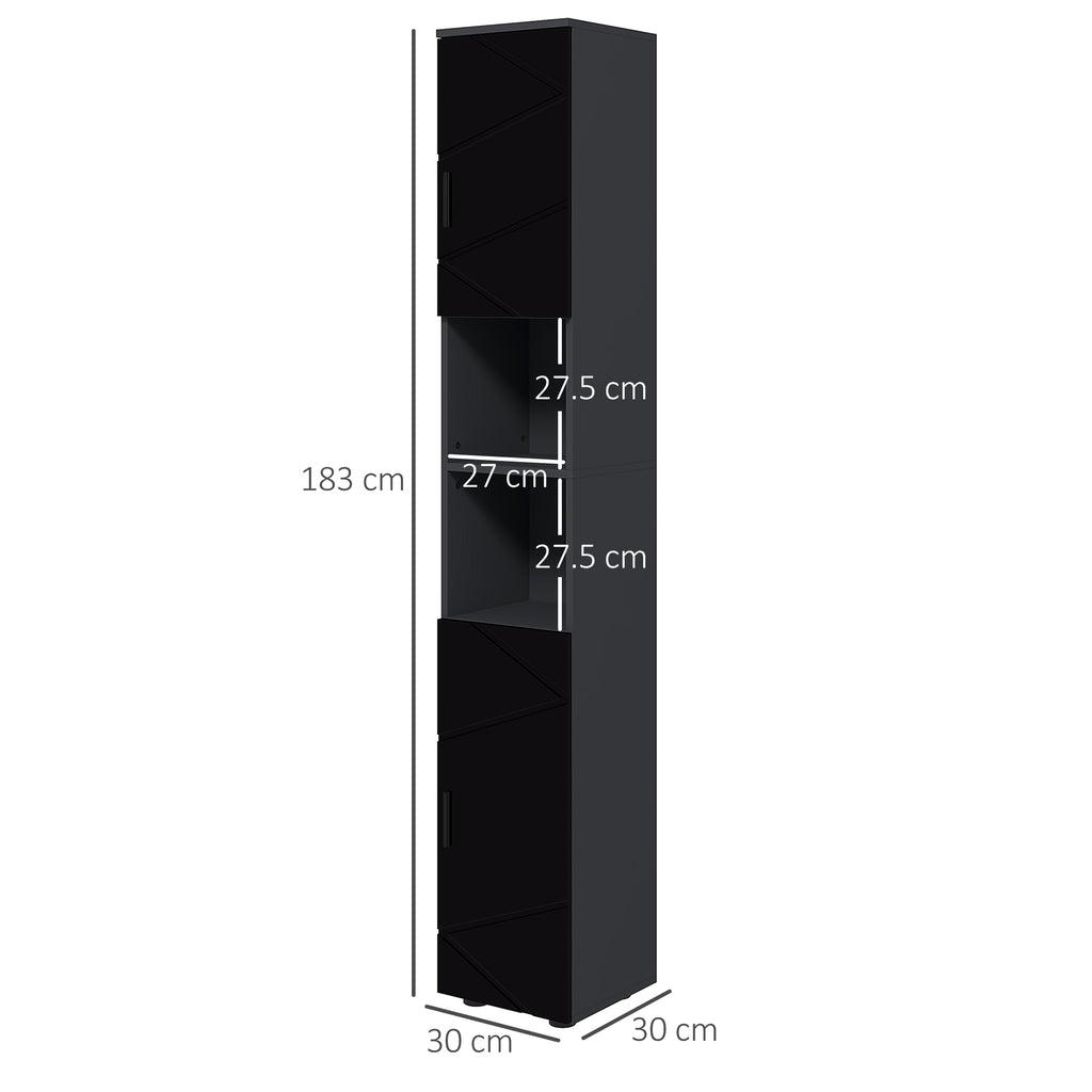 kleankin Bathroom Column in Chipboard with 2 Open Shelves and 2 2-Tier Cabinets, 30x30x183 cm, Black and Gray - Borgè