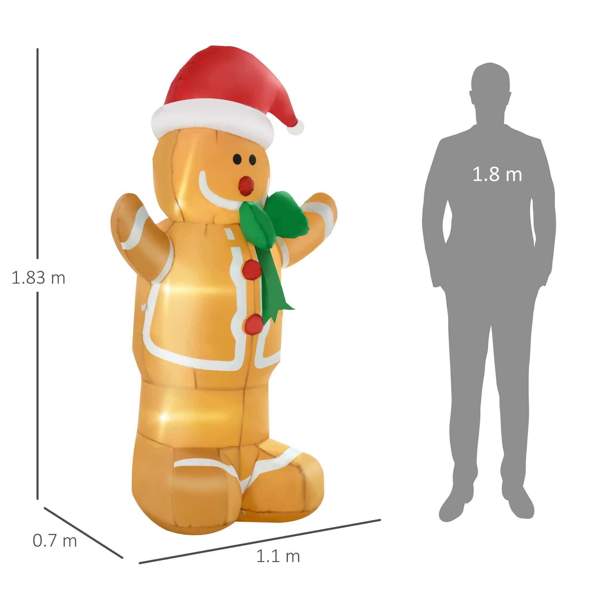 183cm Inflatable Gingerbread Man with Built-in LED Lights, Outdoor Christmas Decoration