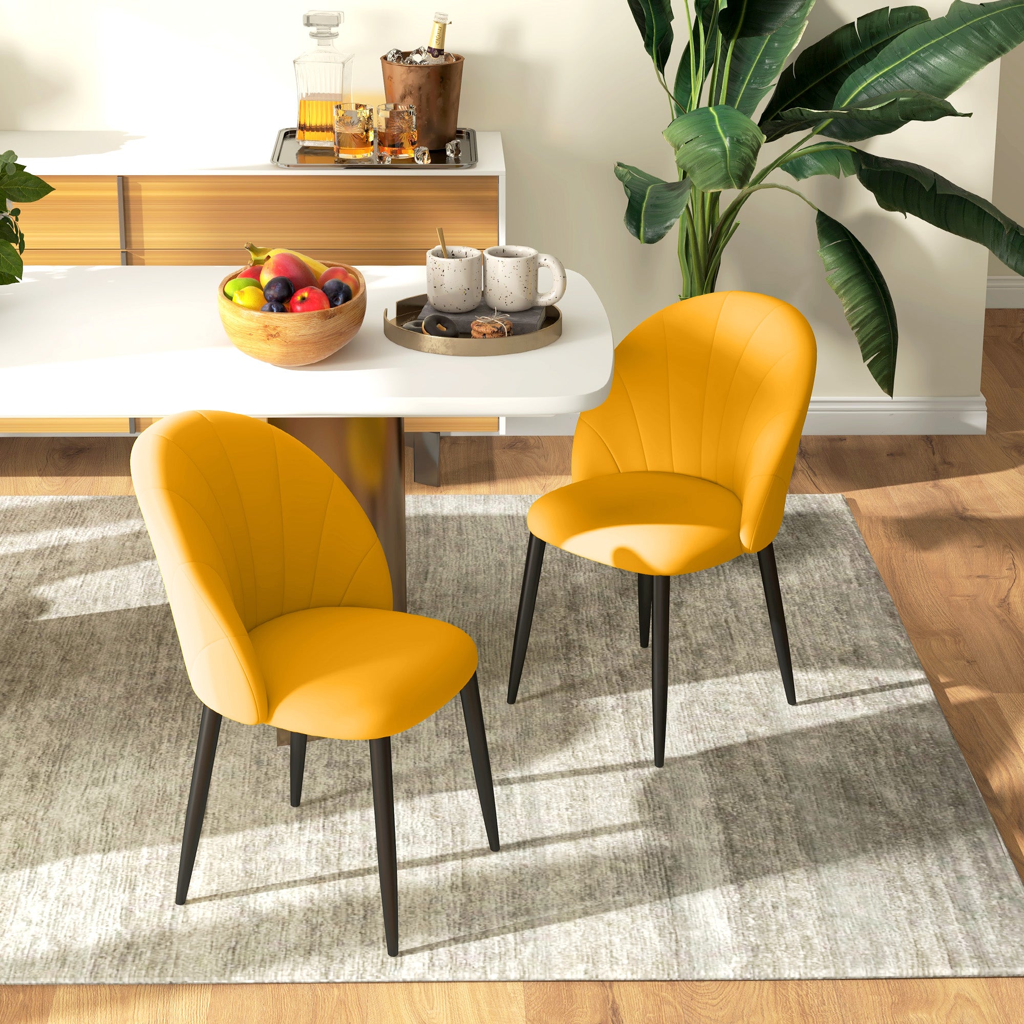 Set of 2 Nordic Design Dining Chairs in Metal and Velvet Effect Fabric Yellow and Black, 52x54x79 cm