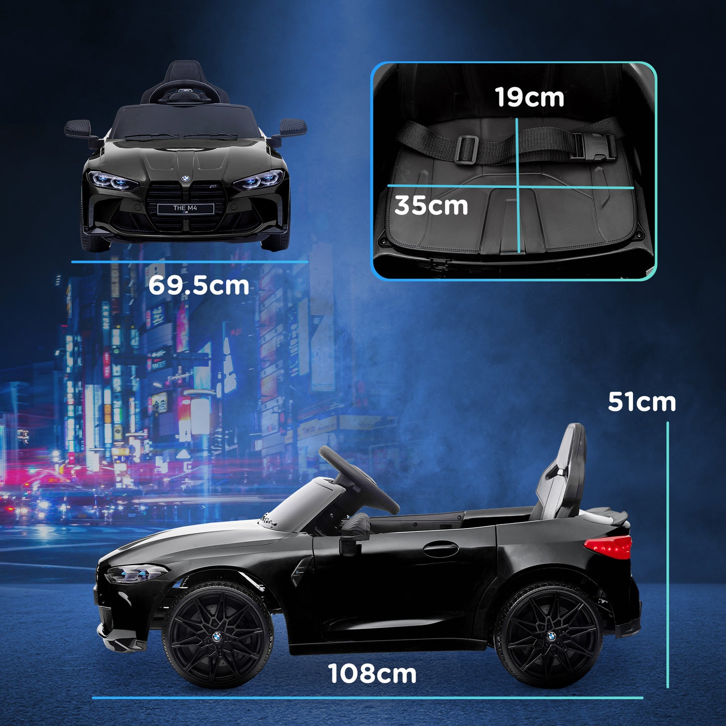 BMW M4 Licensed Electric Ride-On Toy Car for Children with Remote Control, Horn and Headlights, 108x69.5x51 cm, Black