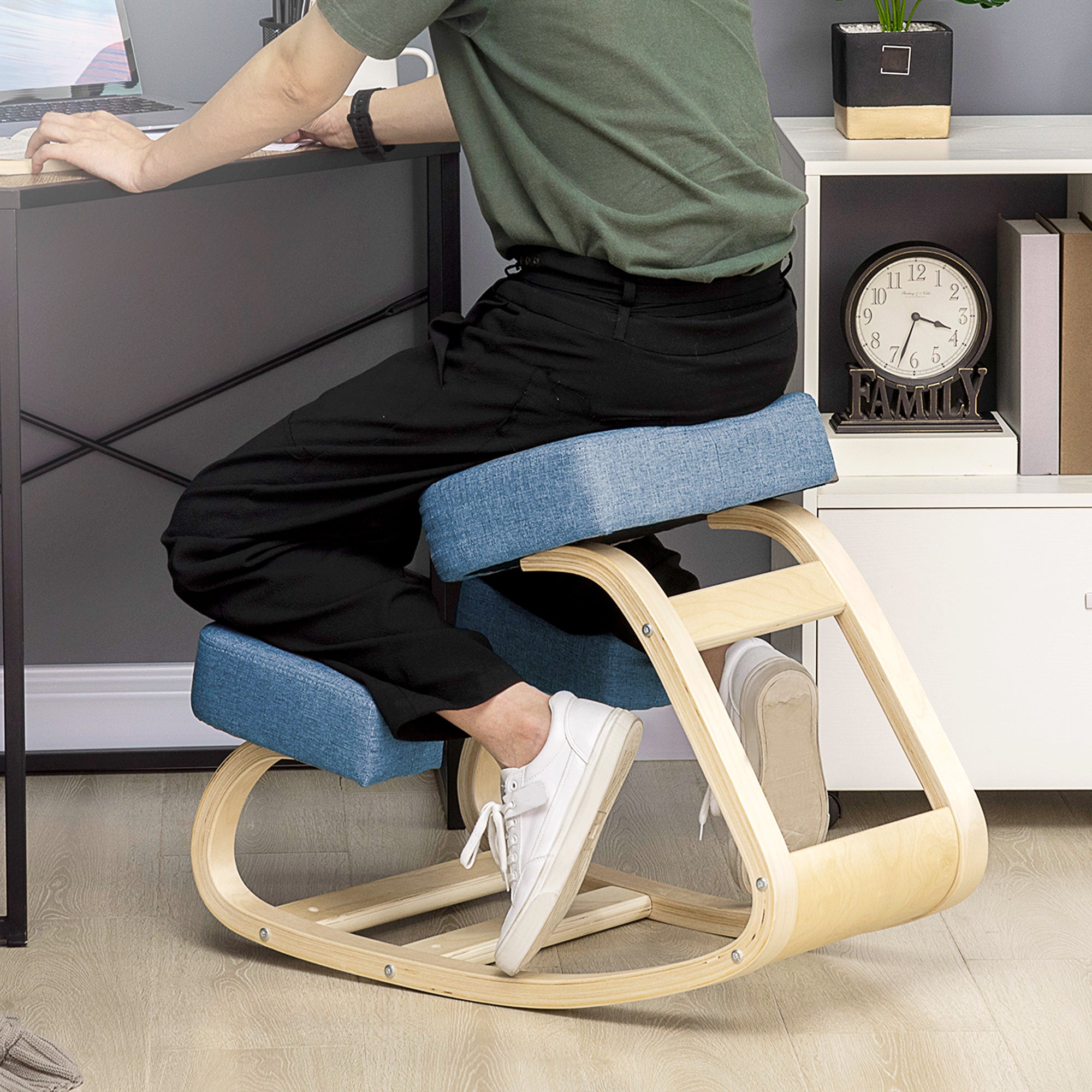 Ergonomic Chair with Kneeler in Birch Wood and Cushion, 51x69x58cm, Blue