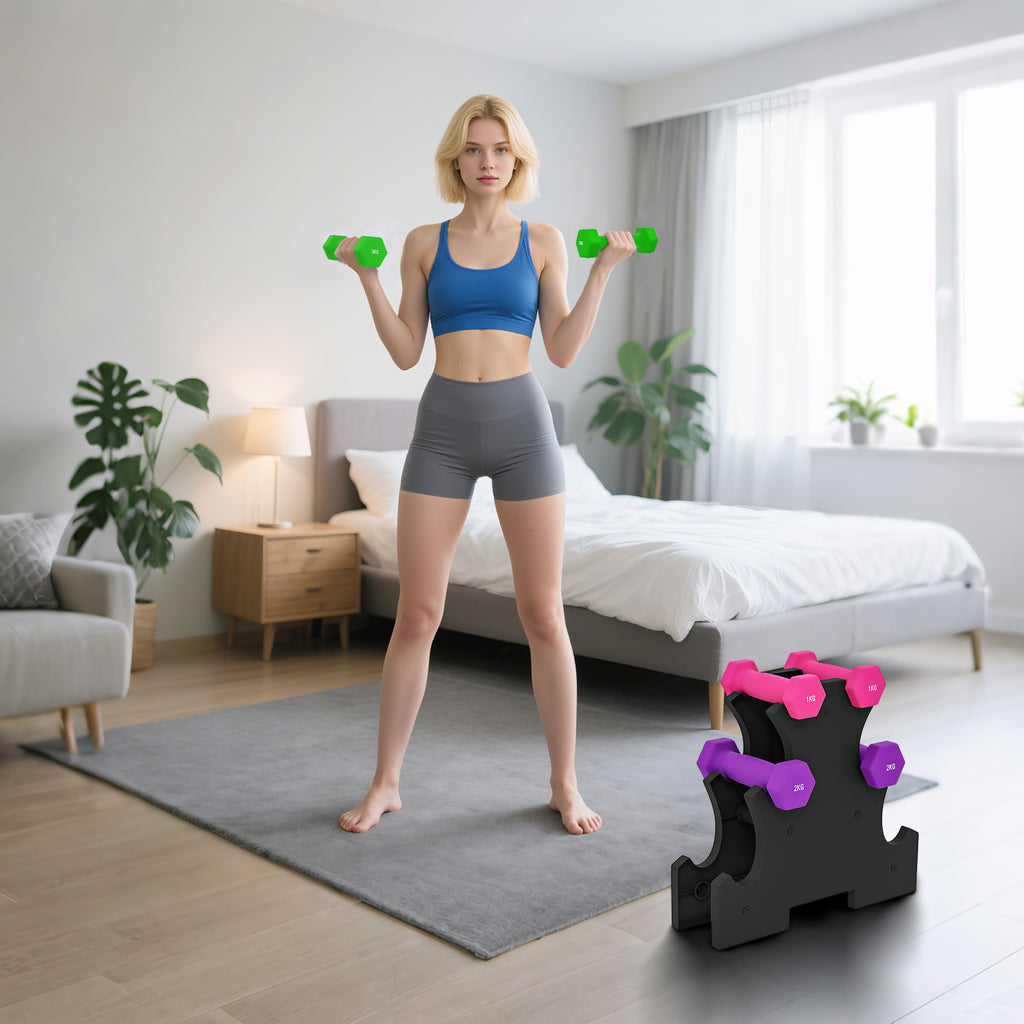 SPORTNOW Dumbbell Set with Stand, 6 Dumbbells Total 2x1 kg, 2x2 kg, 2x3 kg, Multicolored