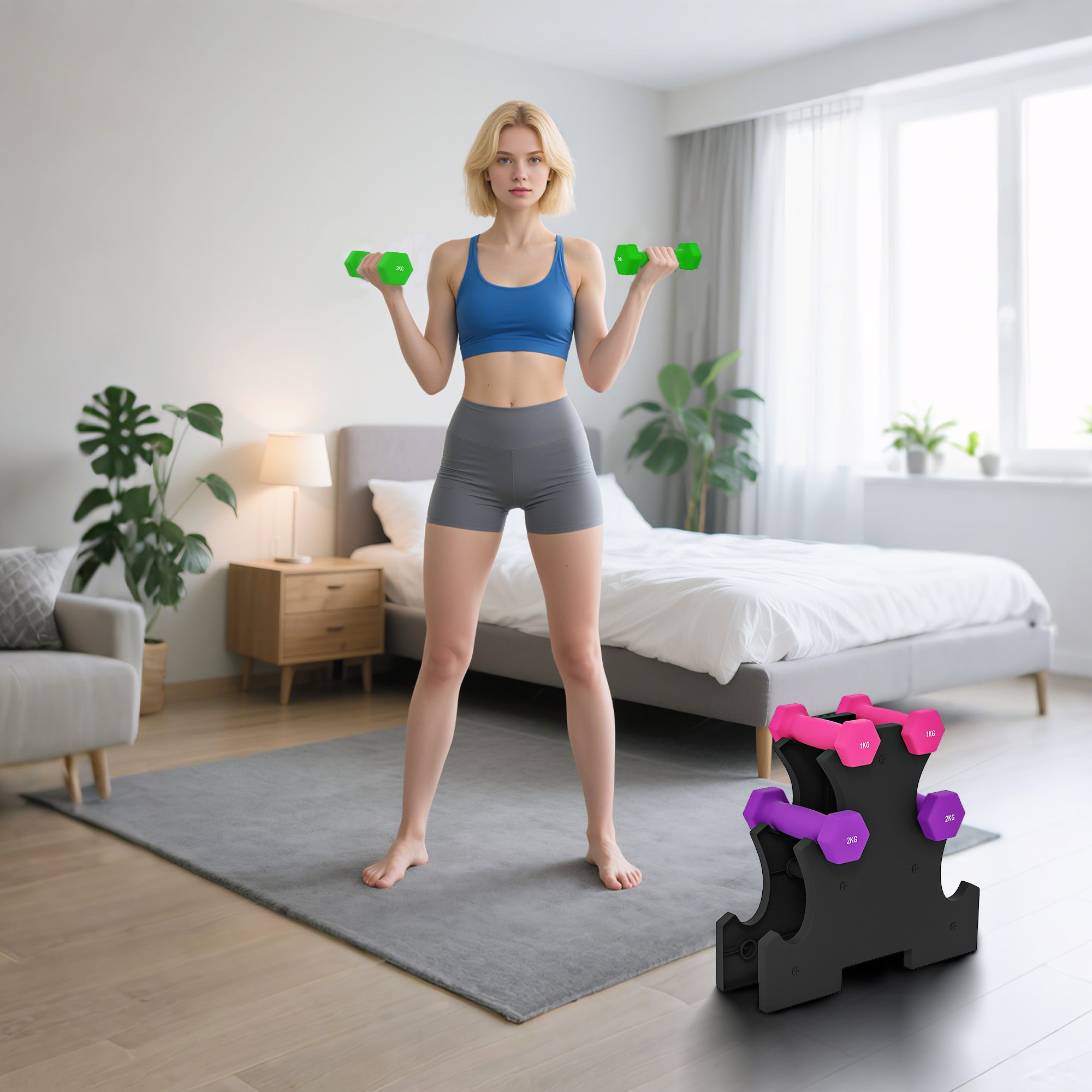 SPORTNOW Dumbbell Set with Stand, 6 Dumbbells Total 2x1 kg, 2x2 kg, 2x3 kg, Multicolored