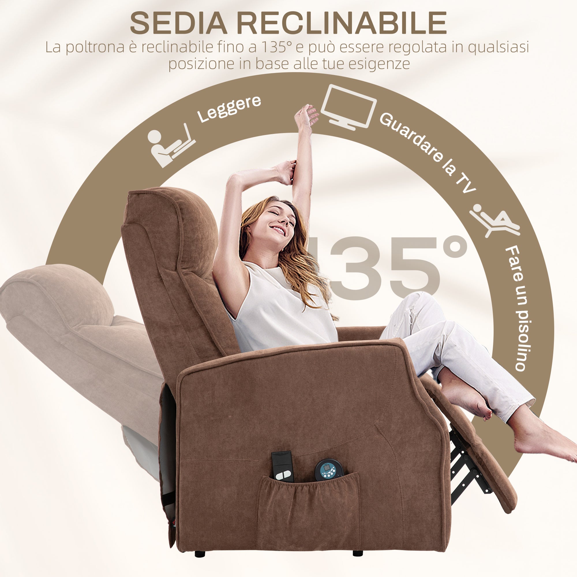 Lift Relax Chair with 8 Massage Points, 135° Reclining and 2 Remote Controls, Brown