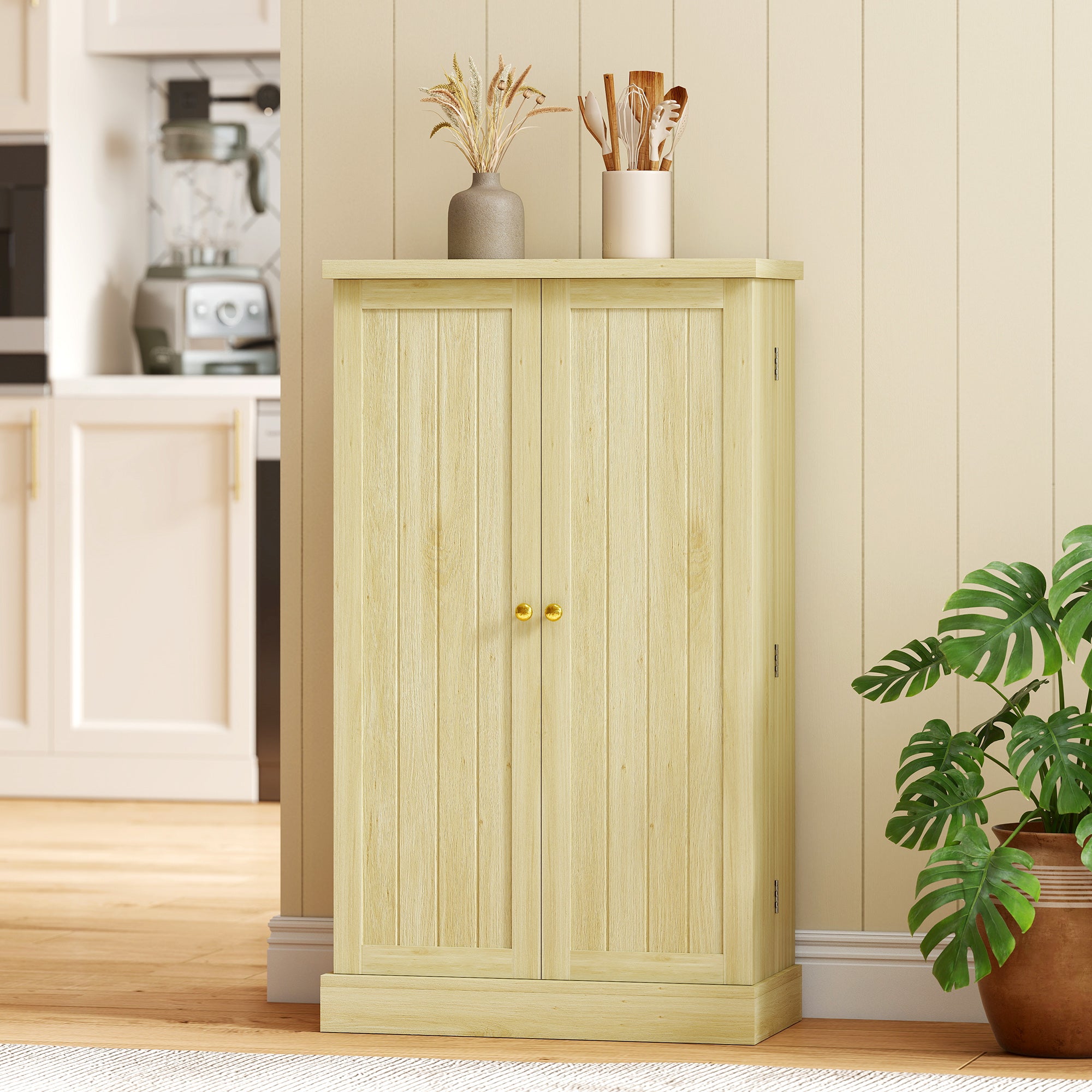 HOMCOM 104cm Pantry, 12 Spice Racks, Adjustable Shelves, Natural Wood.