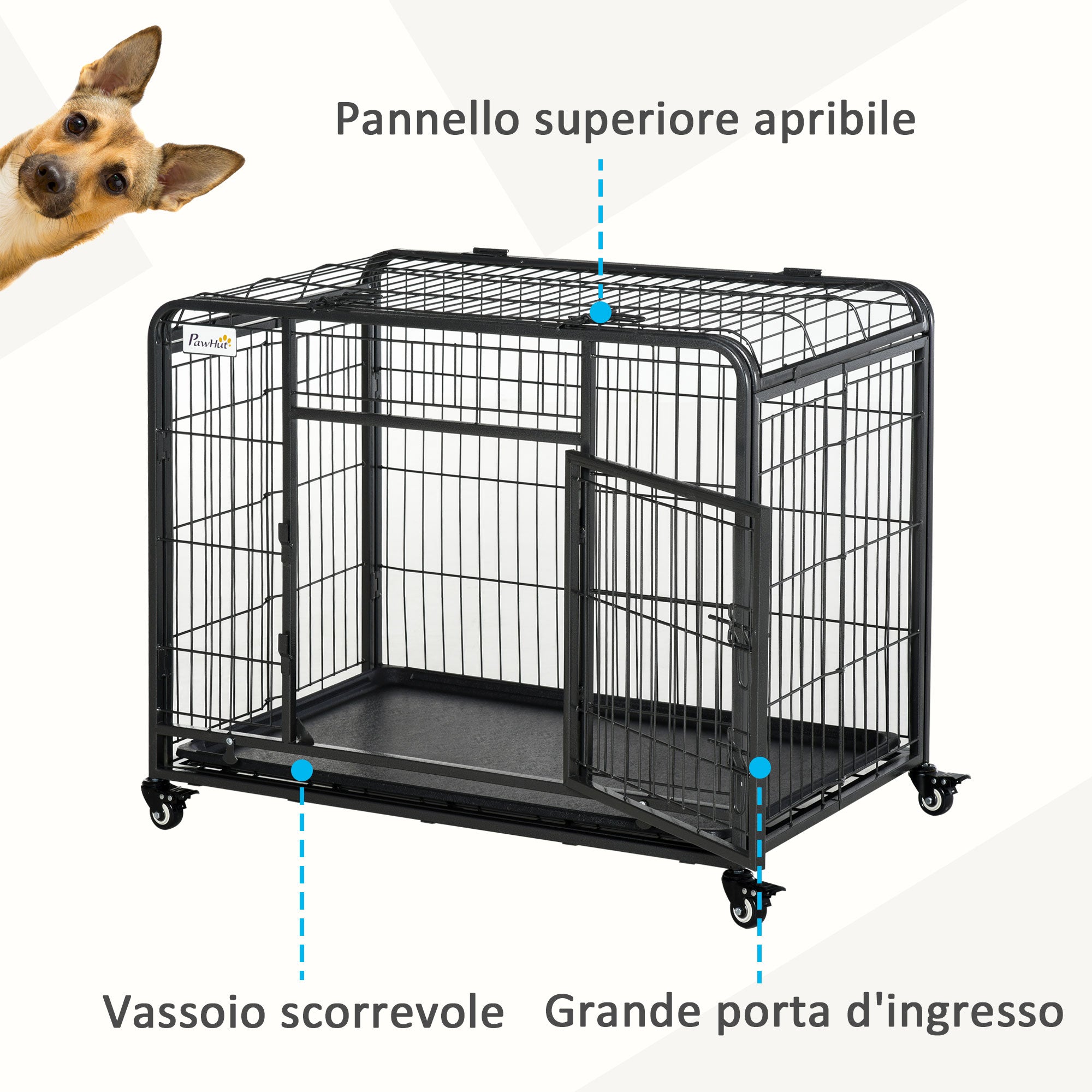 Kennel Folding Double Door Dog Cage with Lock, 4 Wheels with Brake and Removable Bottom, 109.5x71x78cm