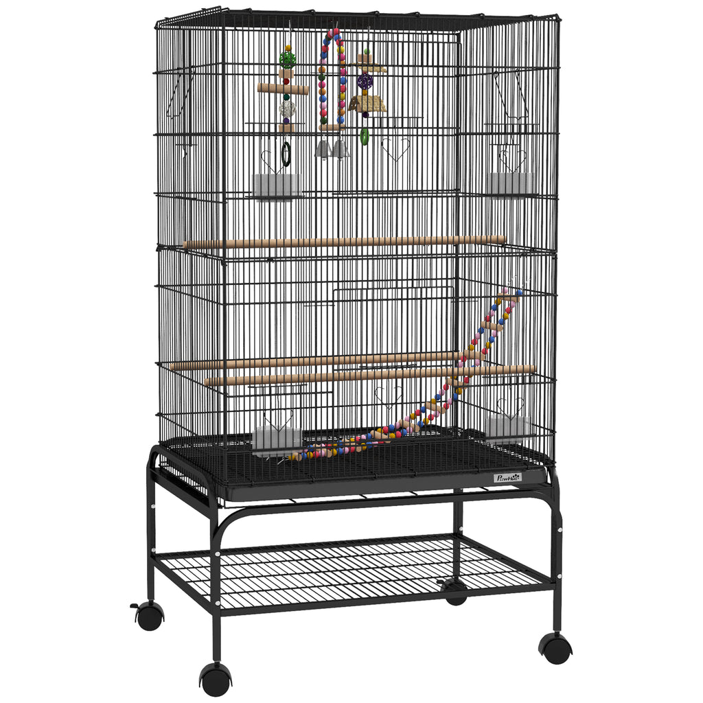 PawHut Bird Cage with Play Area, Wheels, Removable Tray and Shelf, 64x45x110 cm, Black
