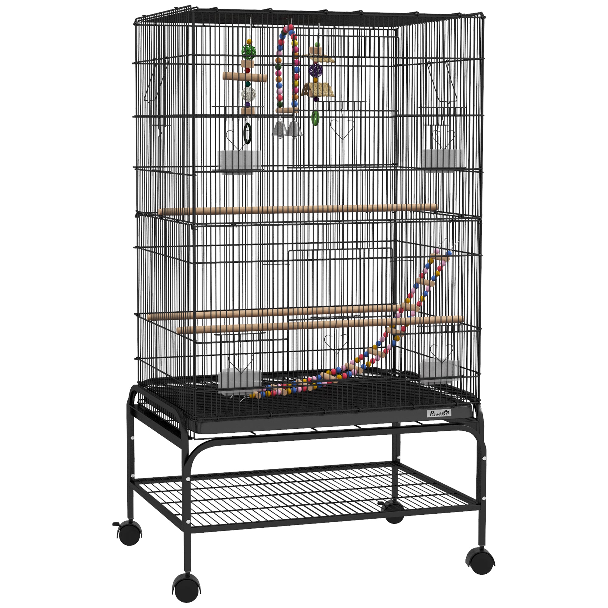 PawHut Bird Cage with Play Area, Wheels, Removable Tray and Shelf, 64x45x110 cm, Black