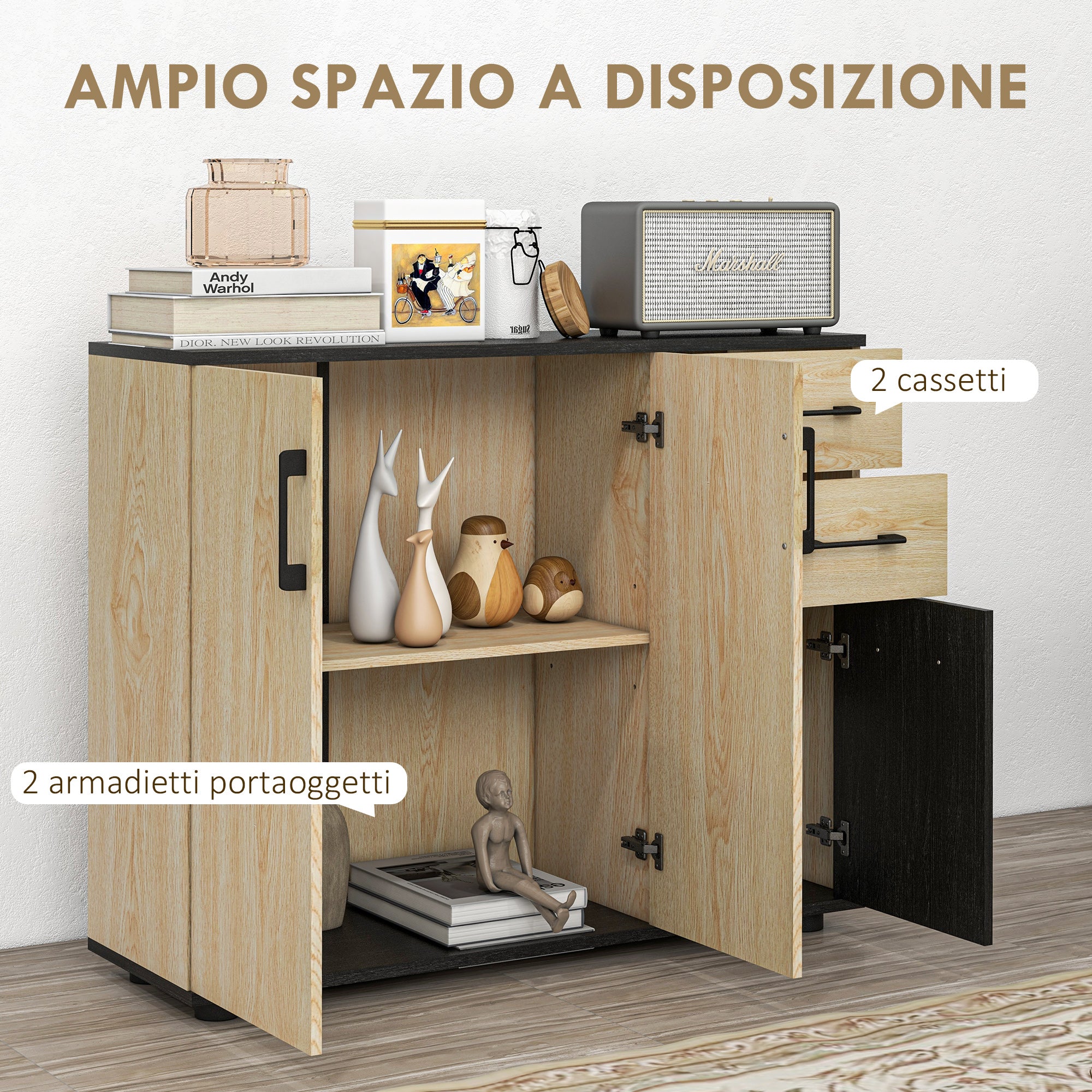 HOMCOM Modern Sideboard with 2 Cabinets and 2 Drawers in Wood, 90x30x75.5cm, Walnut and Black - Borgè