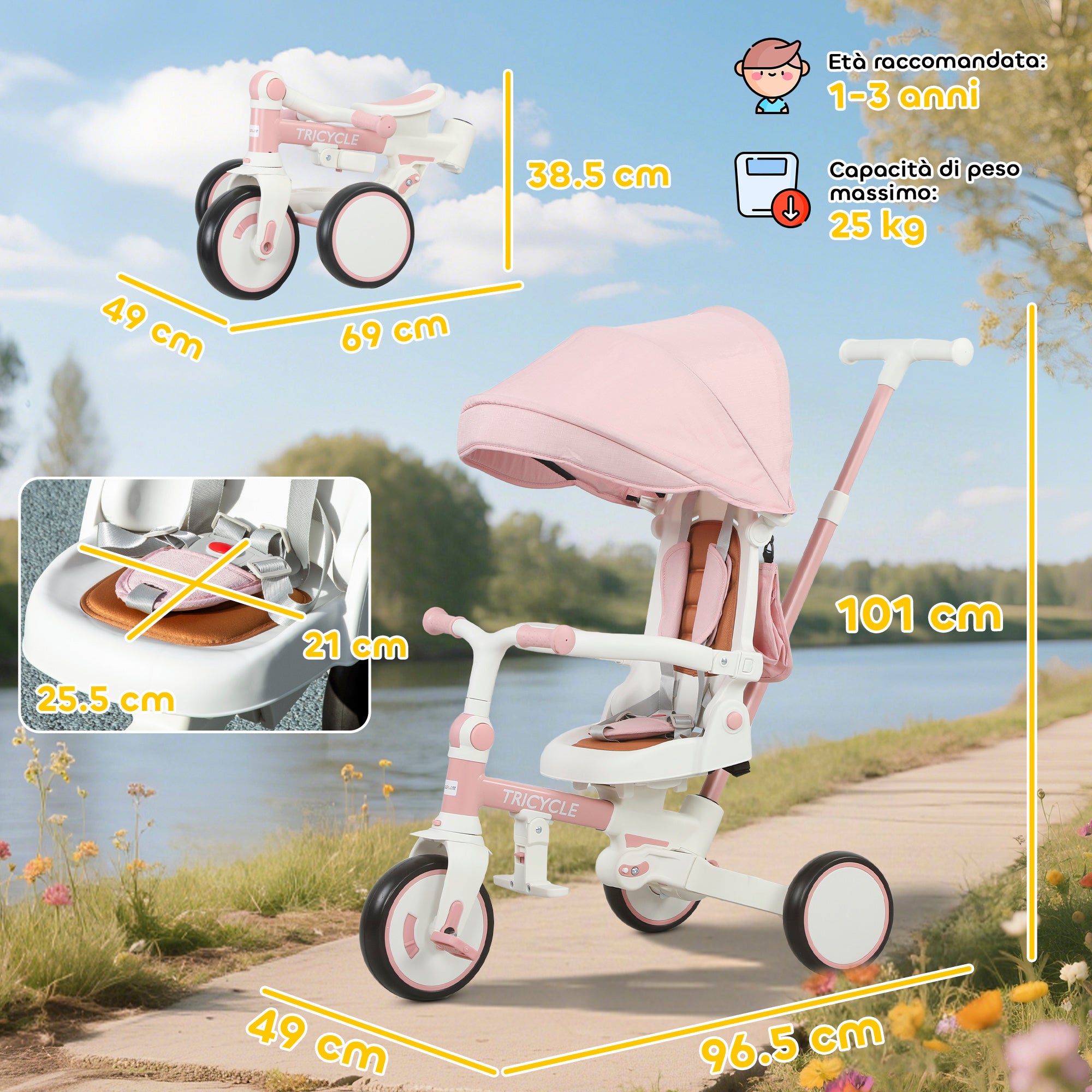 5-in-1 Children's Tricycle with Push Handle and Removable Cover, 96.5x49x101 cm, Pink