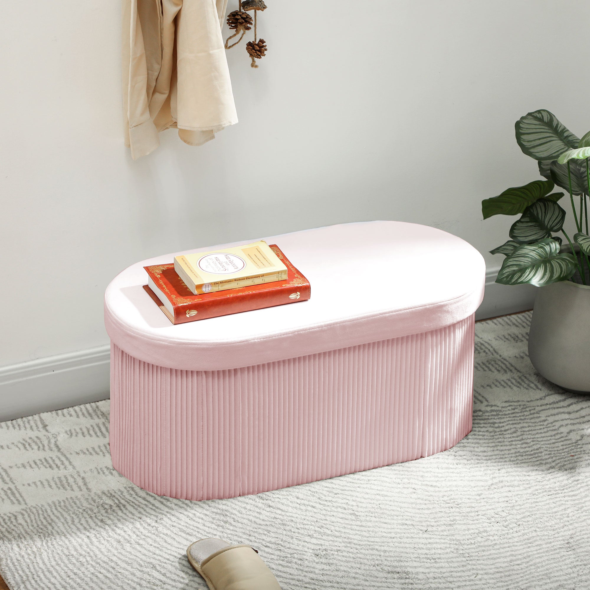 HOMCOM Foldable Storage Ottoman with 72L Capacity and Velvet Lining, 76x38x35 cm, Pink