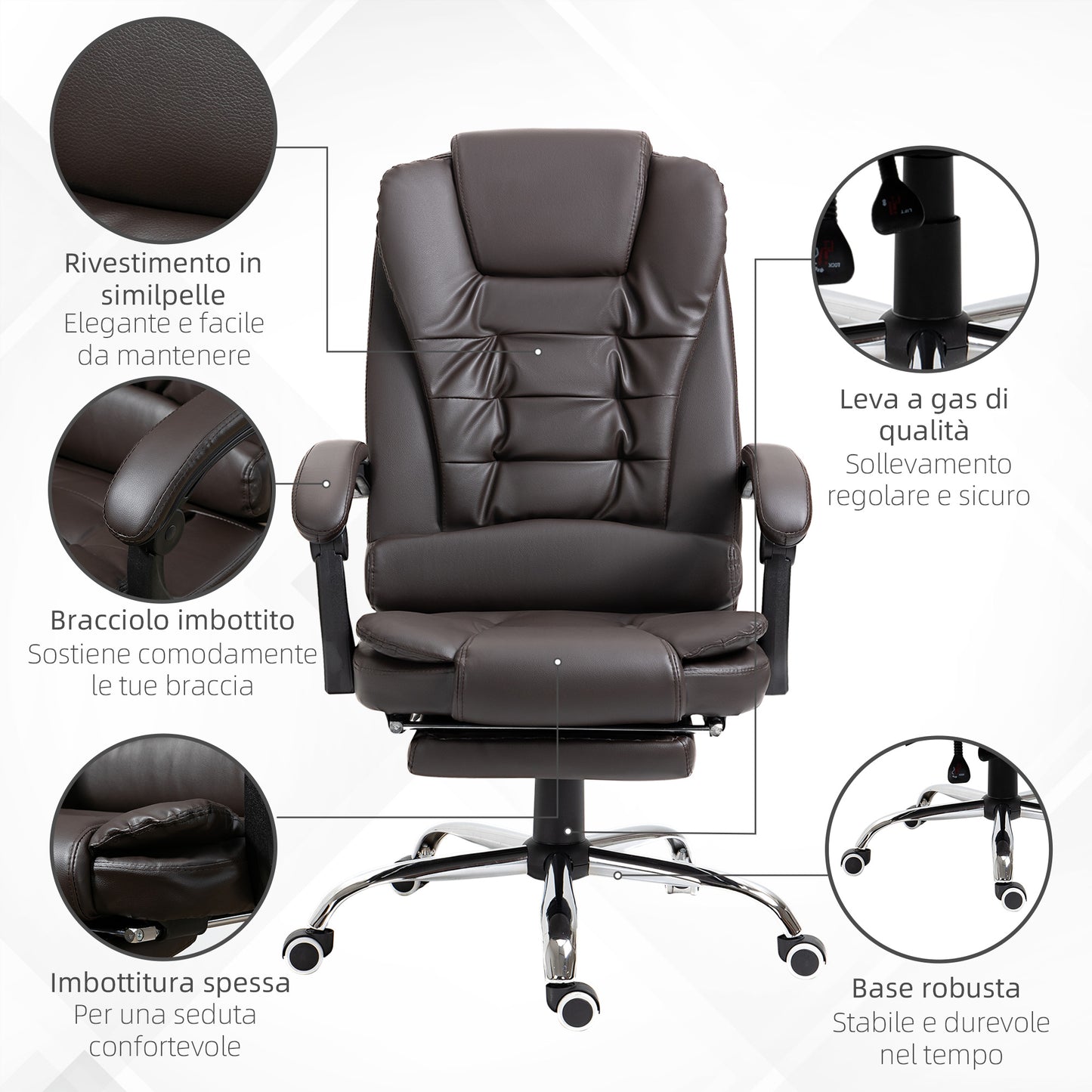 HOMCOM Presidential Style Reclining Office Chair with Footrest, 64.5x69x109-117 cm, Coffee color