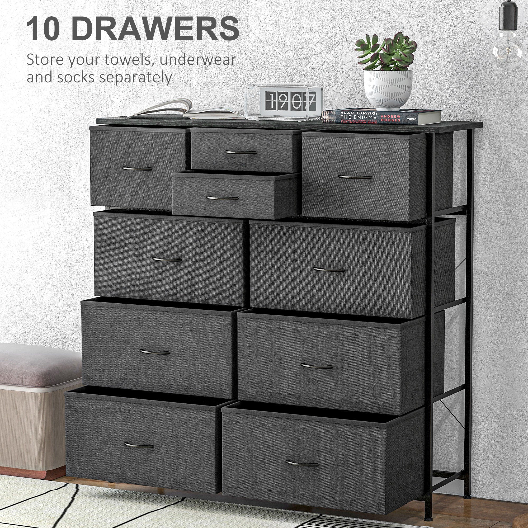 Homcom drawer 10 Modern drawers in non -woven fabric, steel and mdf, 100x30x100 cm, black - Borgè