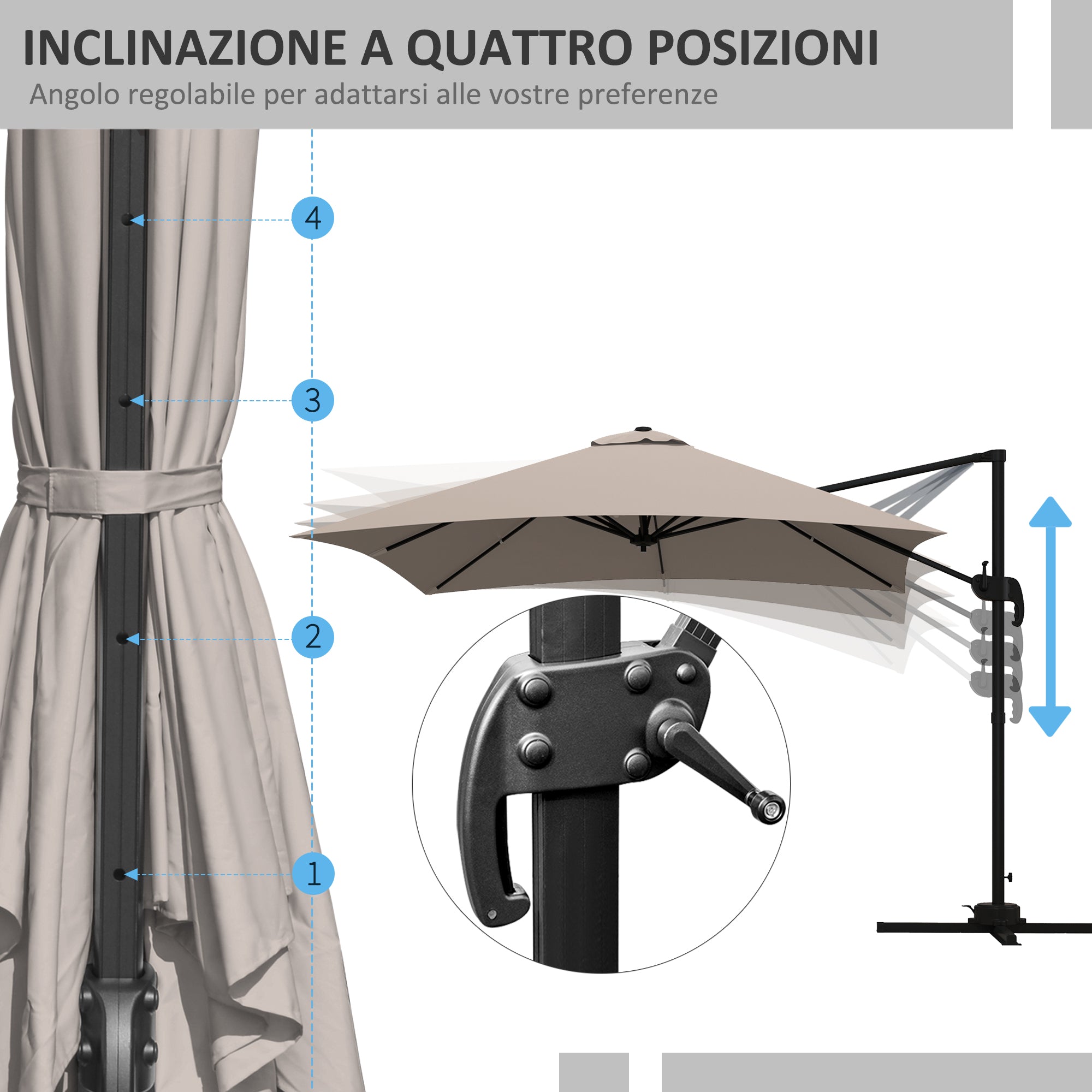 3x3 m Arm Umbrella with 8 Ribs, Pedal and Crank, in Aluminum and Polyester, Khaki color - Borgè
