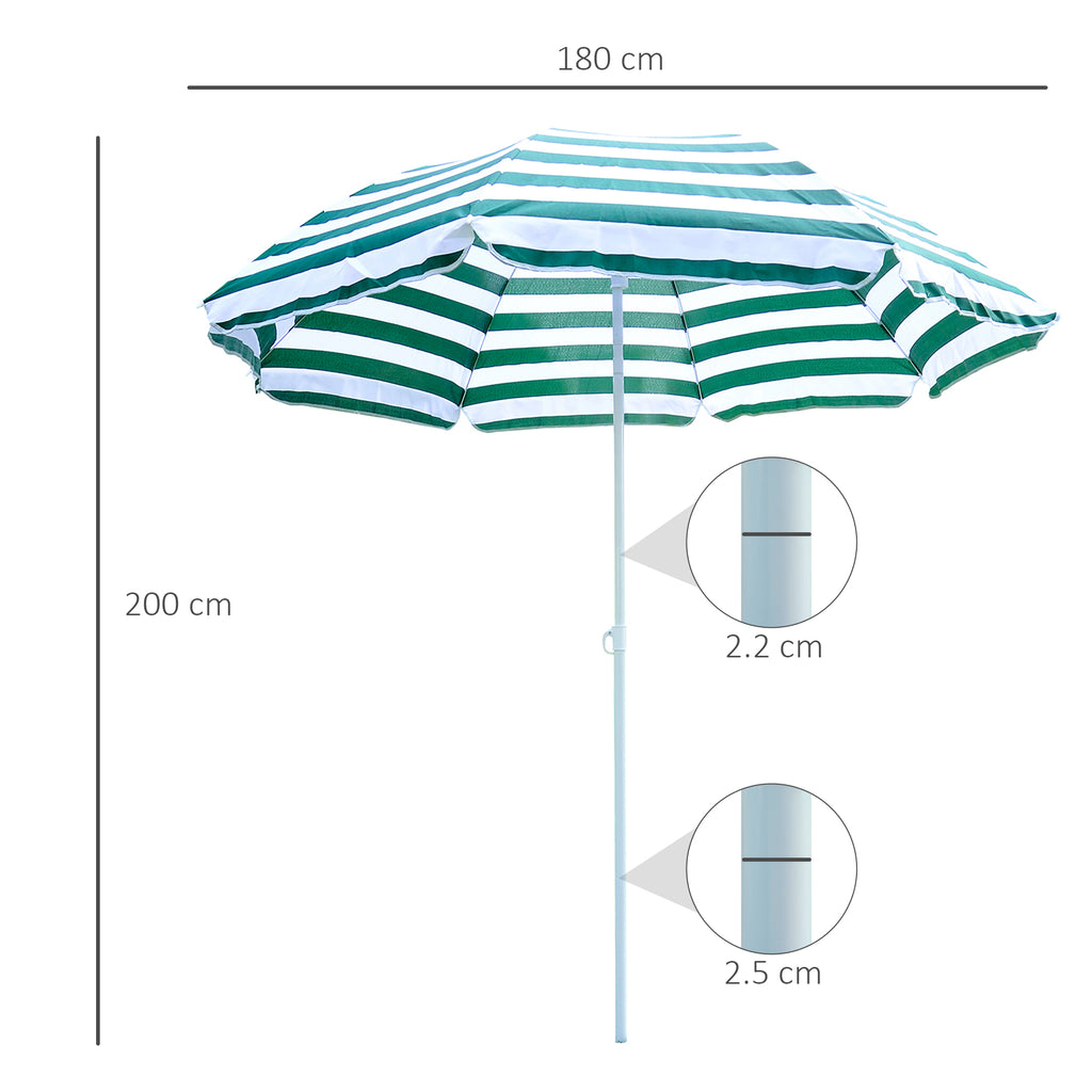 Tilting and Round Beach Umbrella in Metal and Polyester, Ø1.8x2 m, Green and White