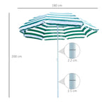 Tilting and Round Beach Umbrella in Metal and Polyester, Ø1.8x2 m, Green and White