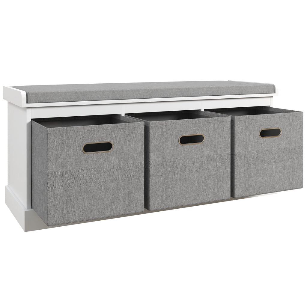 Wooden Shoe Bench with 3 Drawers and Fabric Seat for 3 Pairs of Shoes, 105x35x47 cm, White