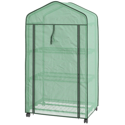 Outsunny Mini Garden Greenhouse with PE Cover, 3 Shelves and Wheels, 69x49x130cm, Green - Borgè