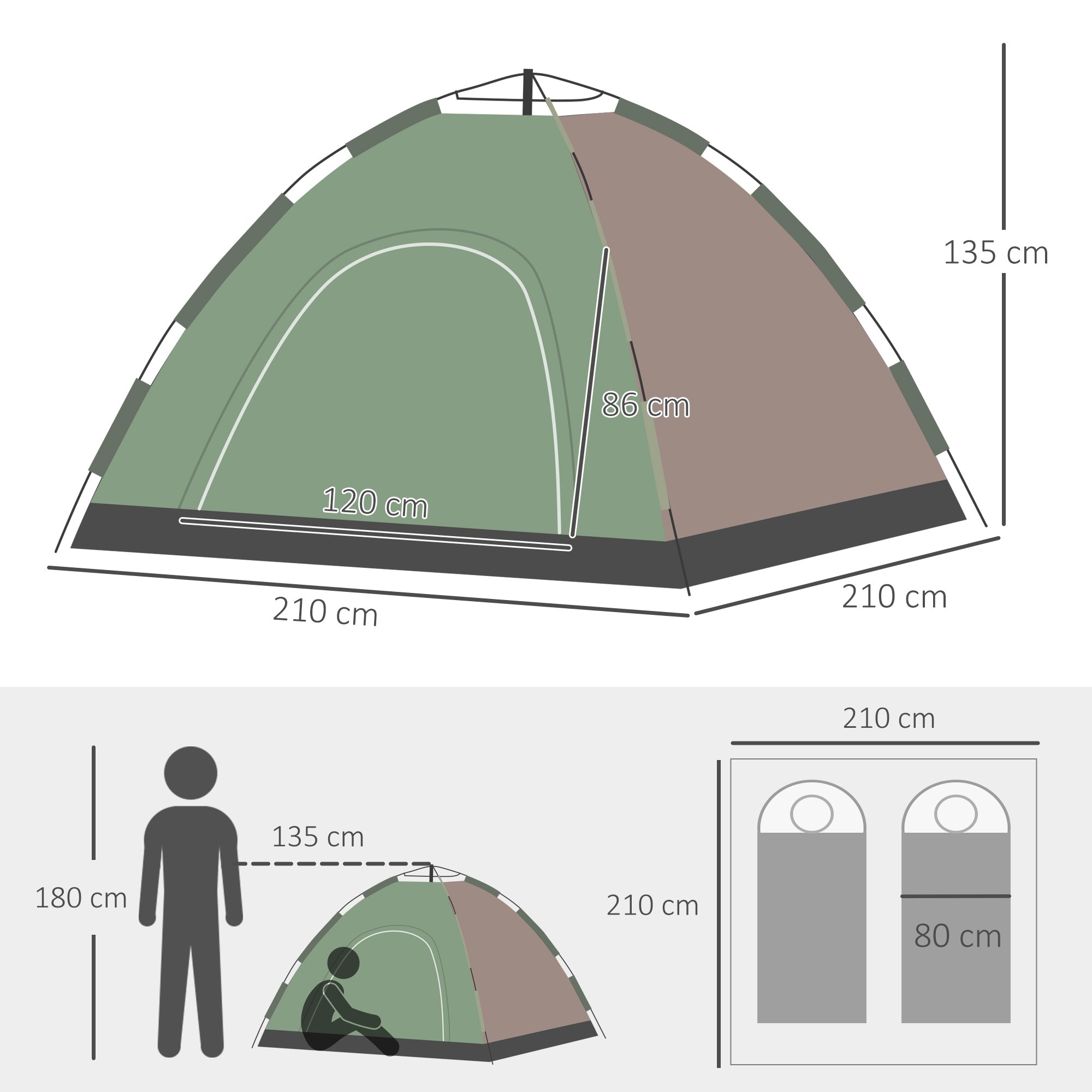 2-Person Camping Tent with Carrying Bag, Hooks for Lamps and Storage Pockets, 210x210x135 cm