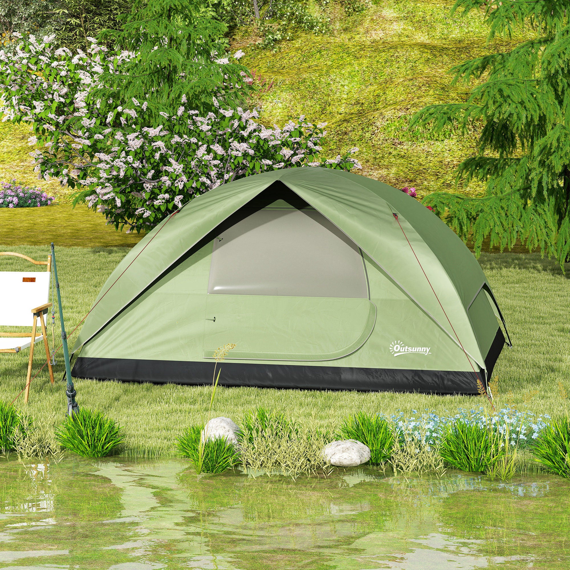 Waterproof 3-Person Camping Tent with Pockets, Lantern Hook and Carry Bag, Green