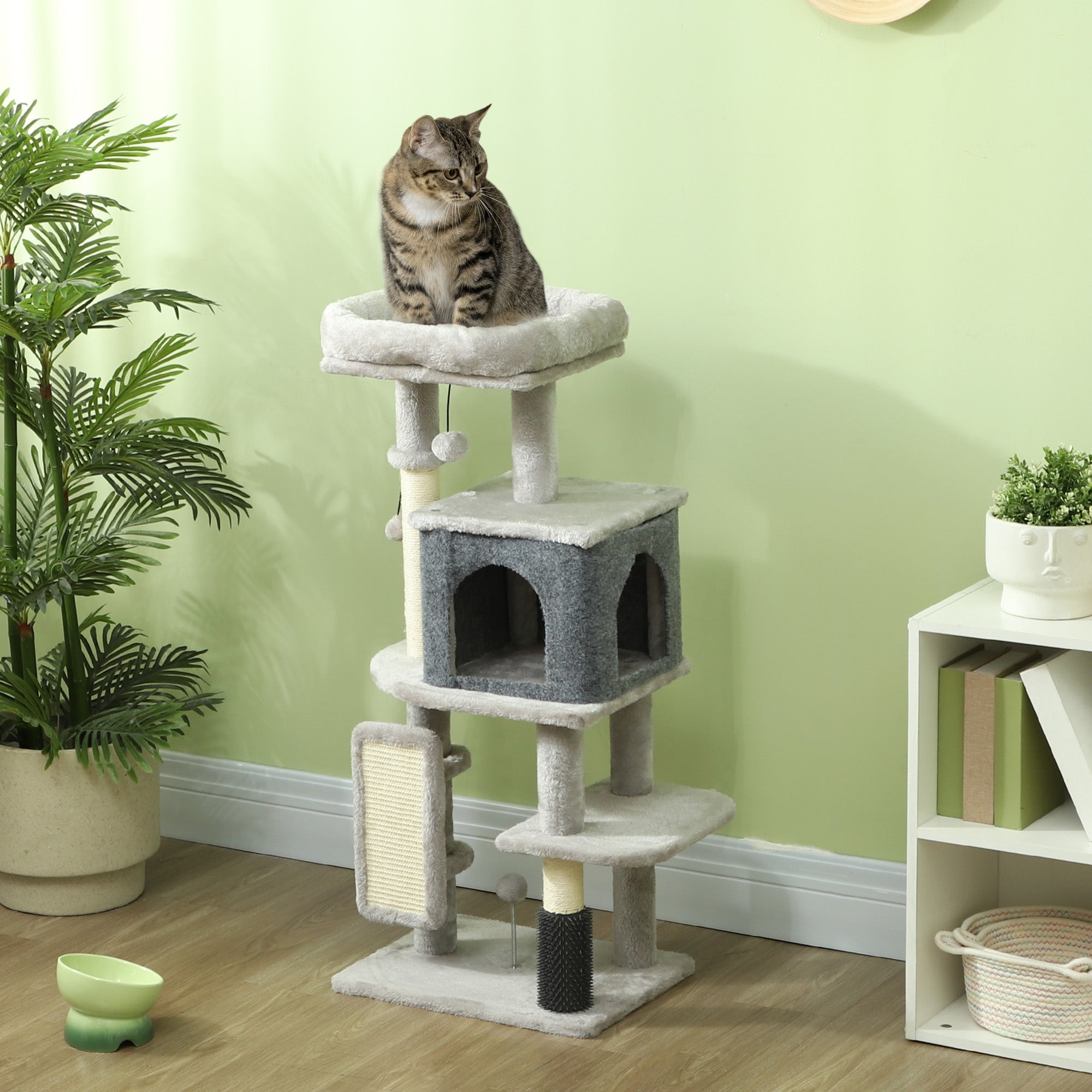 Multi-Level Cat Tree, 104 cm Tall, with House, Bed, Scratching Posts, Brush and Ball, Grey