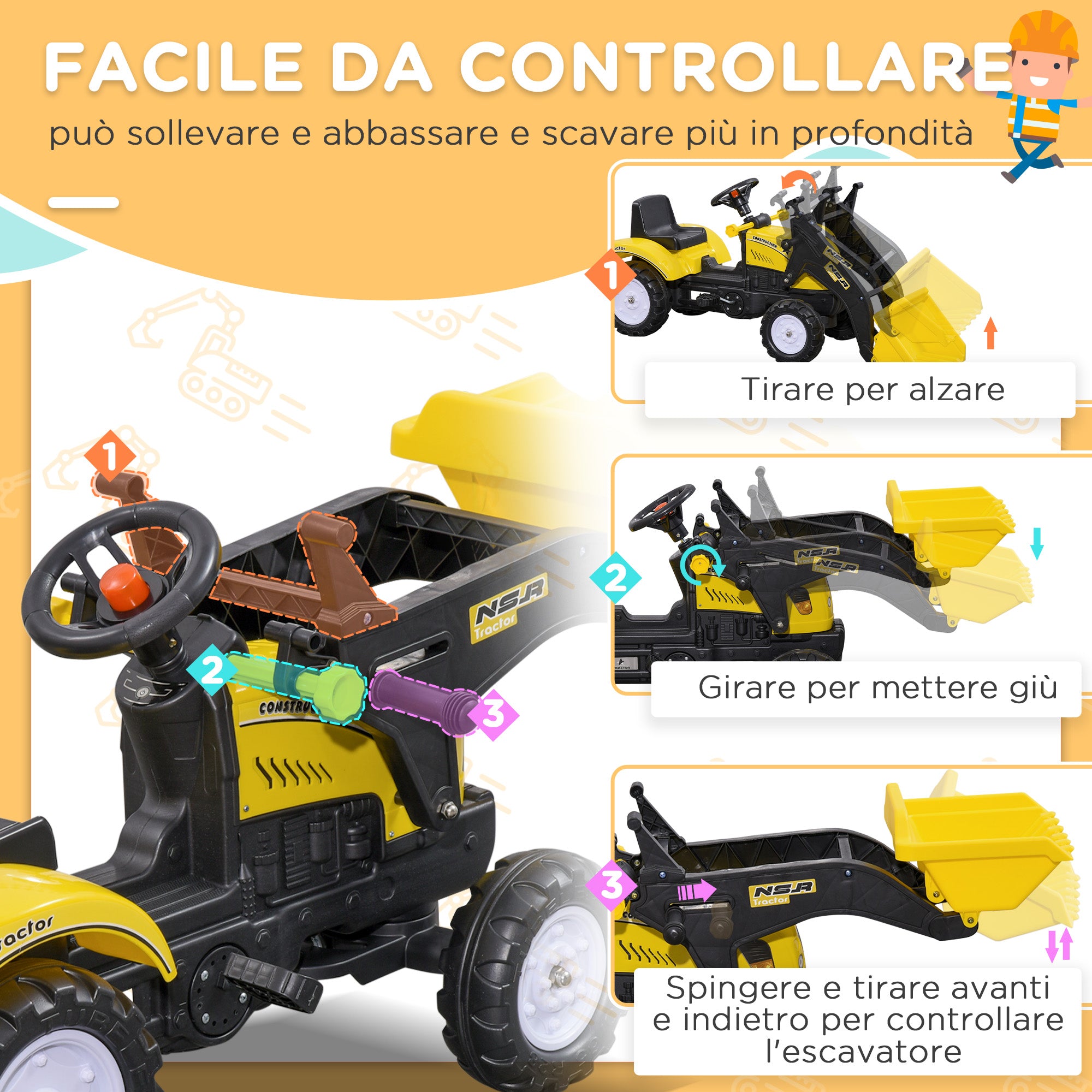 Pedal Excavator for Kids from 3 Years with Front Loader and Steering Wheel, Yellow