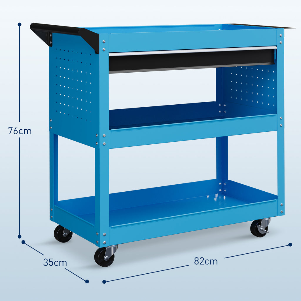 Tool Cart with Side Handle, Drawer and 3 Steel Shelves, 82x35x76 cm, Blue