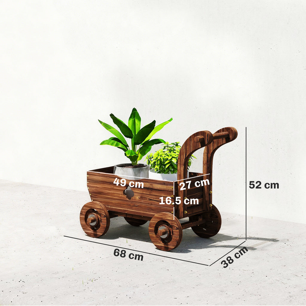 Outsunny Wooden Cart Planter with 4 Wheels, Handle and Drainage Holes, 68x38x52 cm, Wood