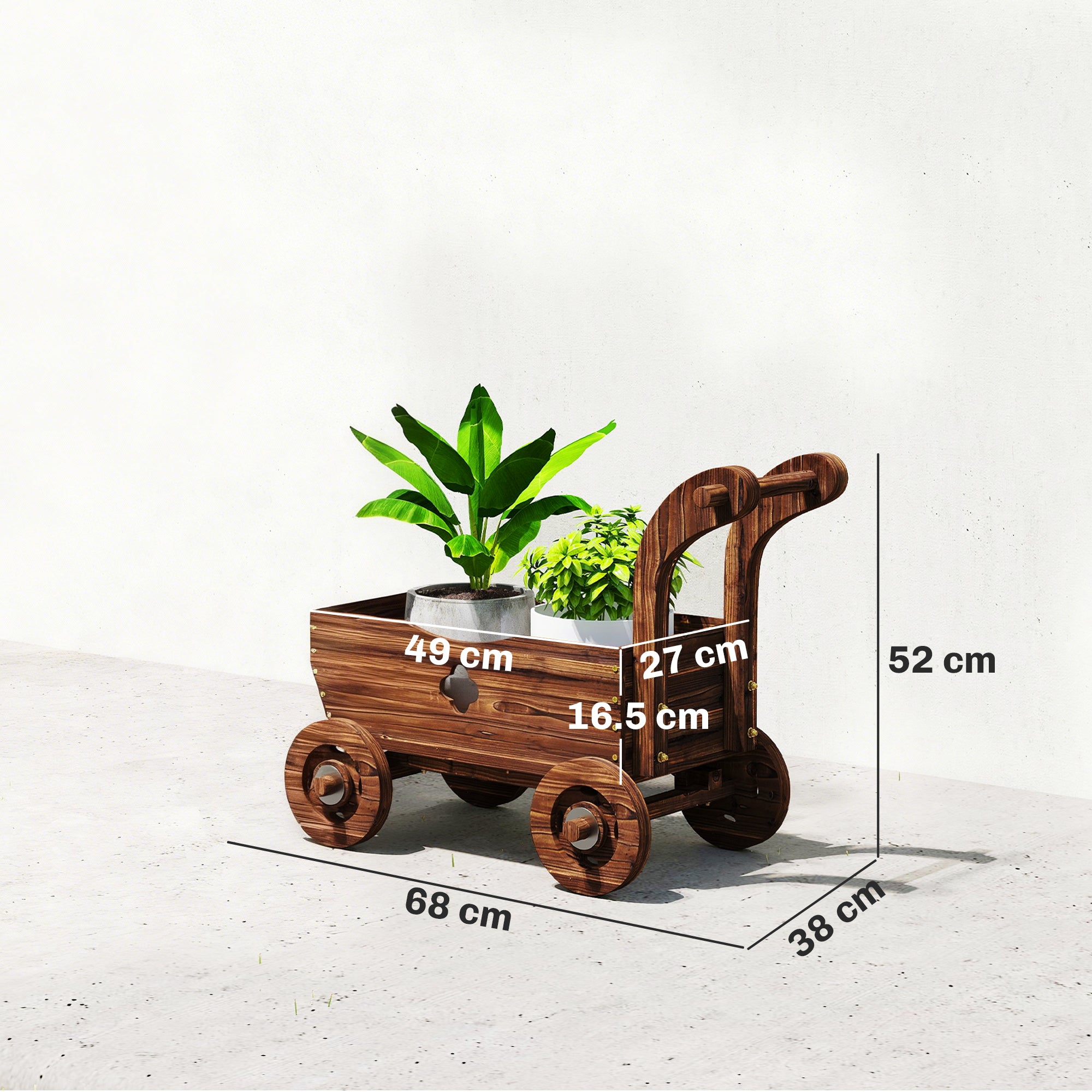 Outsunny Wooden Cart Planter with 4 Wheels, Handle and Drainage Holes, 68x38x52 cm, Wood