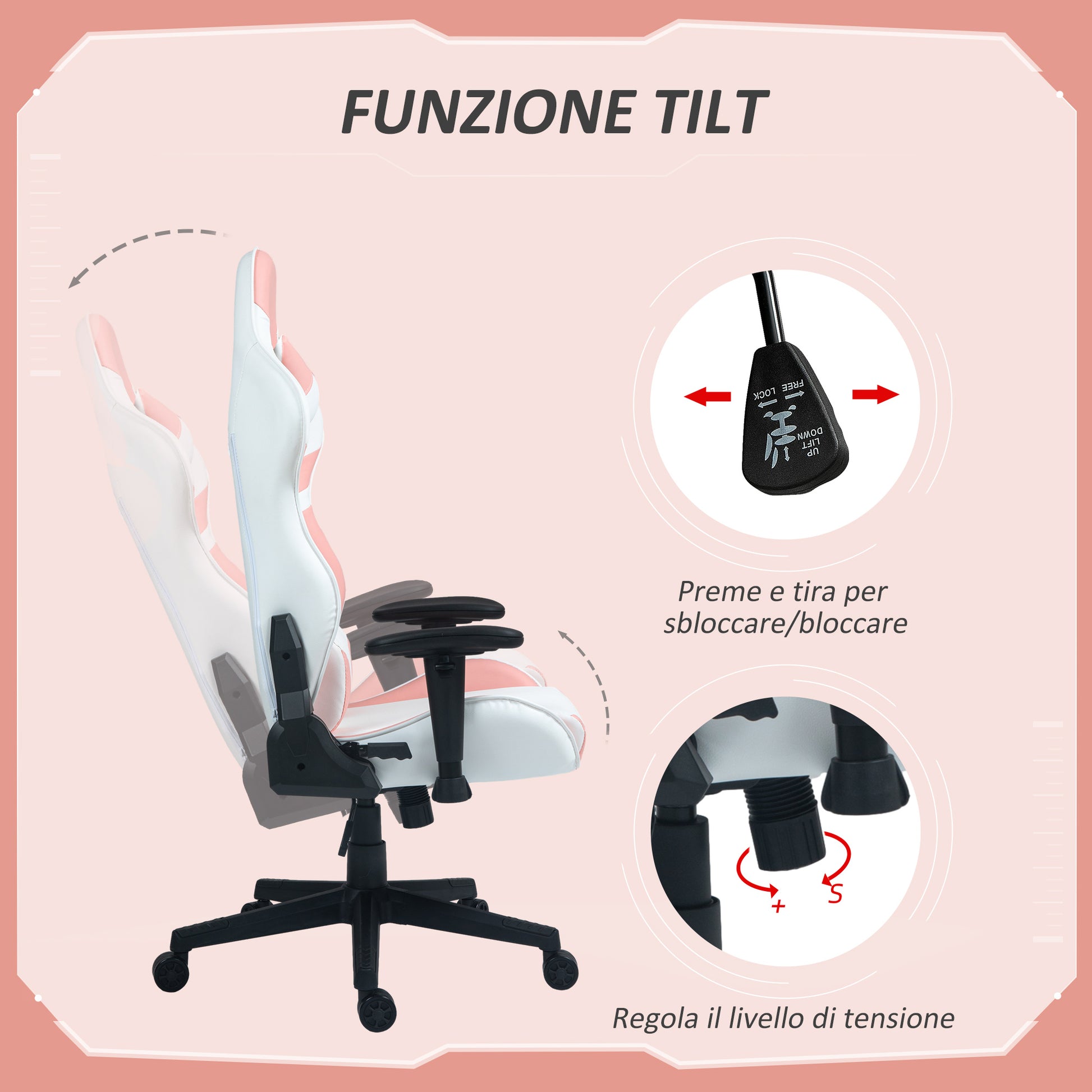 HOMCOM Gaming Chair in Faux Leather Reclining Up to 155° with Headrest and Lumbar Support, Pink - Borgè