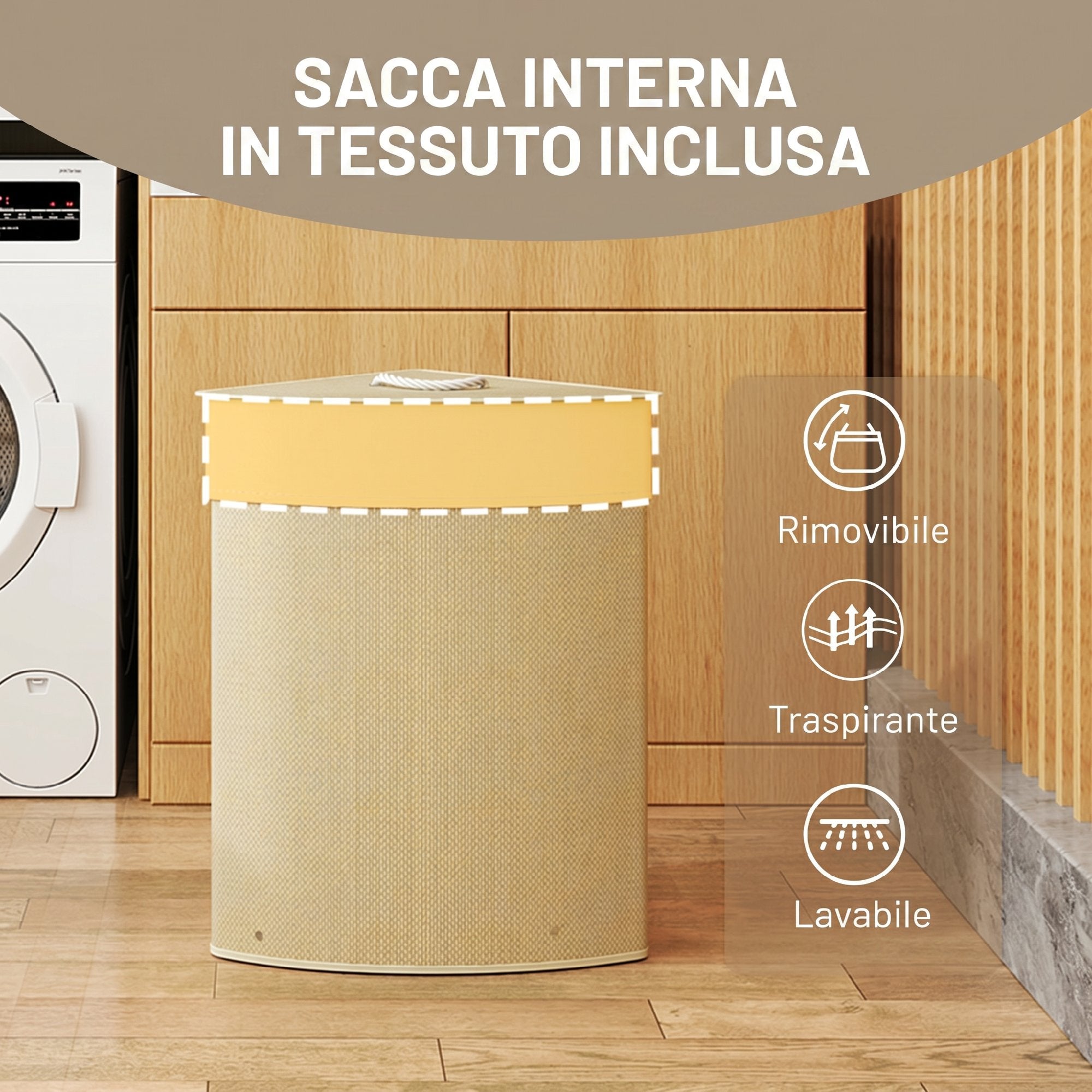 HOMCOM 55L Corner Laundry Hamper with Removable Bag and Removable Lid, Bamboo, 35x35x60 cm, Wood Color
