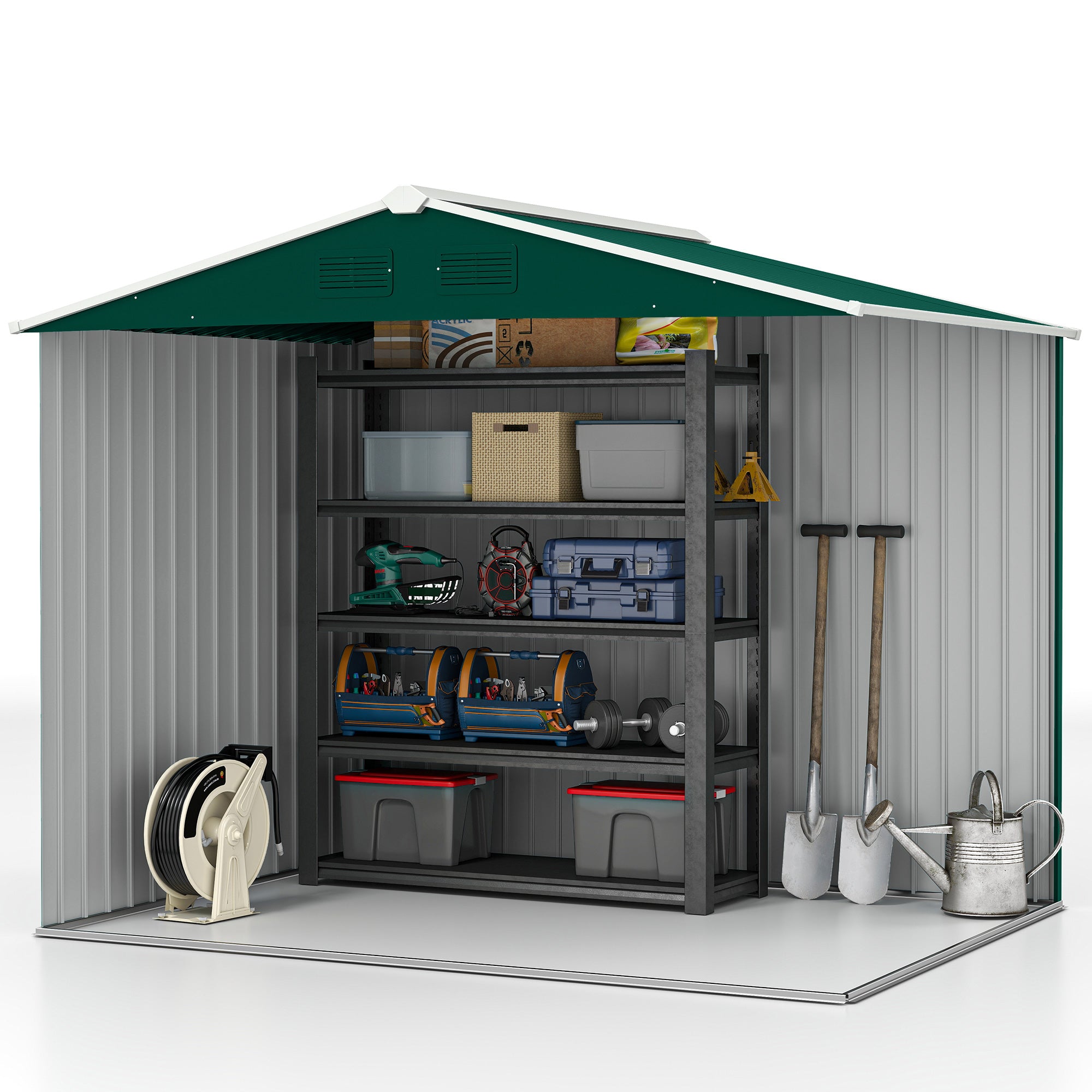 3.6m² Steel Sheet Garden Shed with 2 Sliding Doors and 4 Air Vents, 236x174x190cm, Green