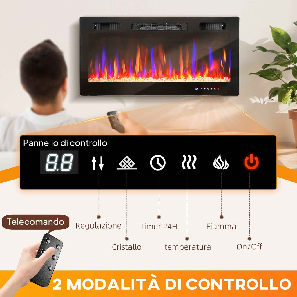HOMCOM Built-in or Wall-Mounted Electric Fireplace with Adjustable Temperature, Steel and Glass, 91.4 x 9.4 x 47 cm, Black