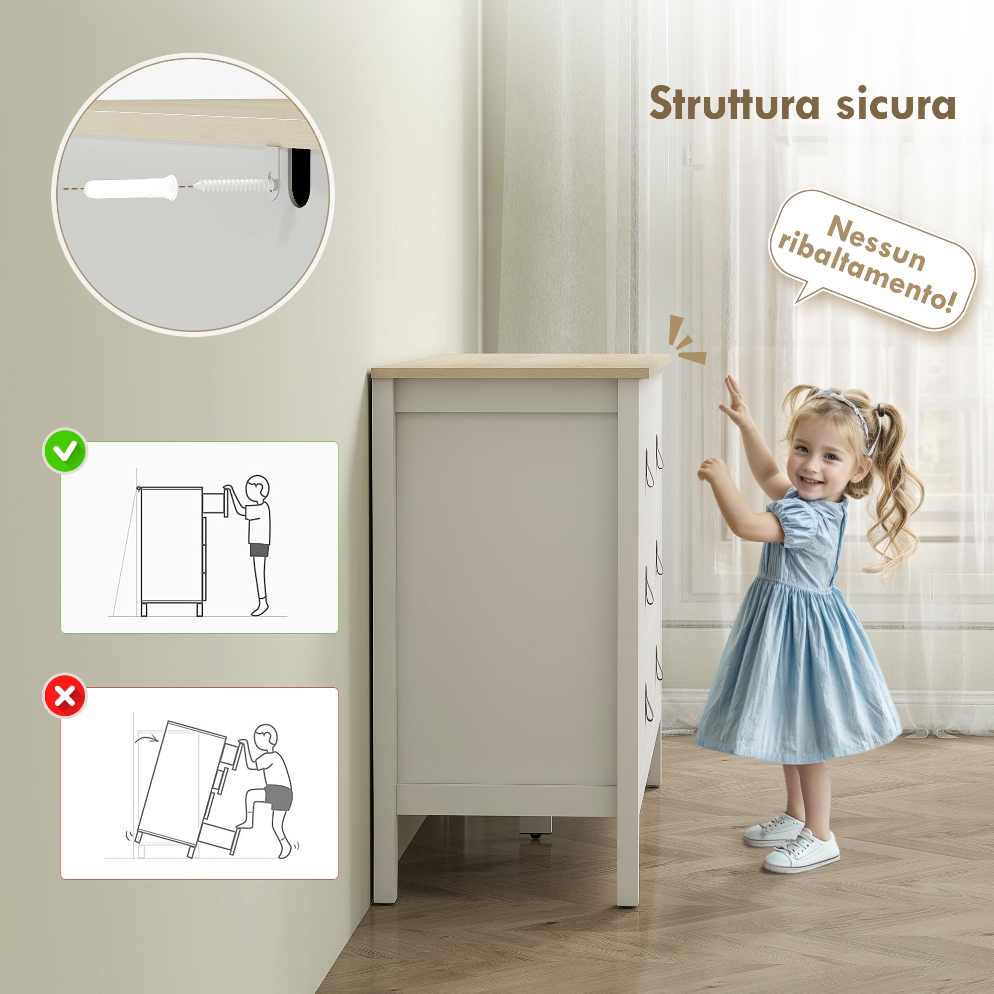 6-Drawer Bedroom Chest with Faux Leather Handles, 120x40x78 cm, White