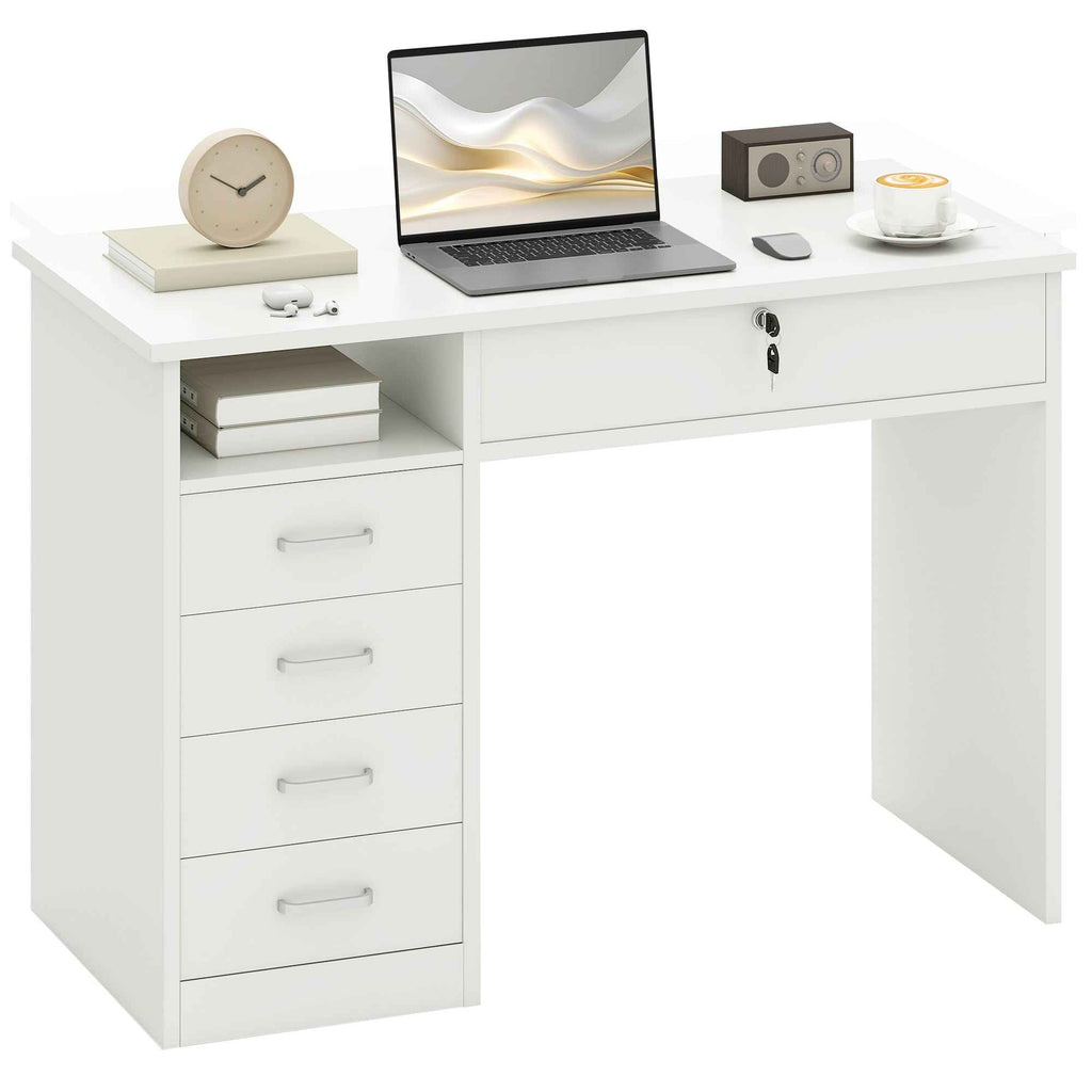 HOMCOM Wooden Desk for Bedroom or Office with 2 Drawers and 2 Keys, 110x50x76cm - White