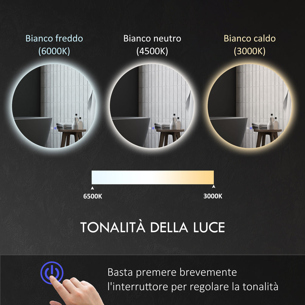 Bathroom Mirror with Adjustable LED Lights, Touch Switches and Anti-Fog Design, Ø60 cm