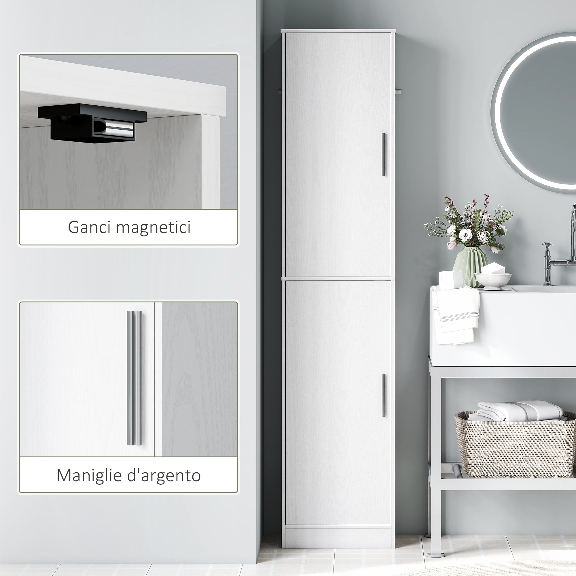 Bathroom Cabinet Column with 2 Cabinets and 6 Adjustable Shelves, in Wood, 40x35x180 cm, White