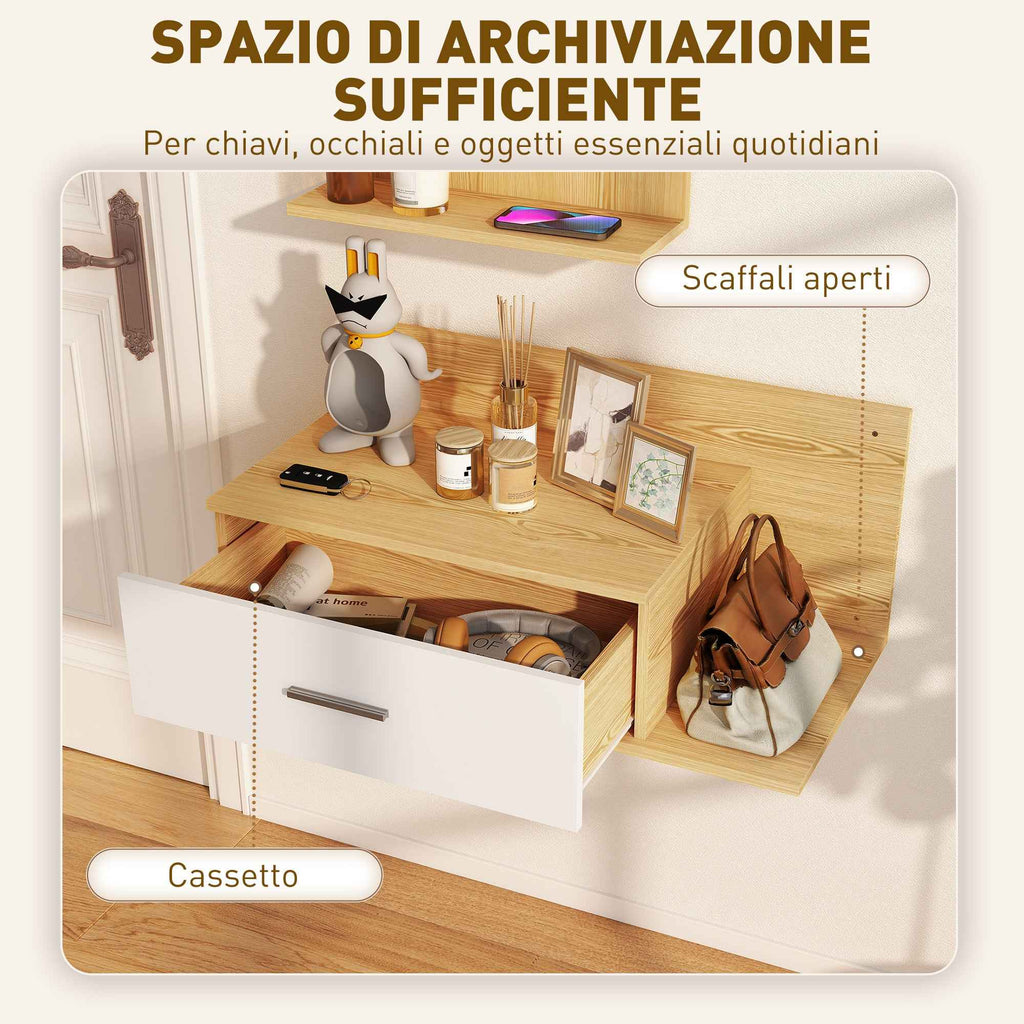 Hallway Set with Mirror, Shelf, Wall Cabinet with Drawer and 2 Open Shelves, Wood and Glass