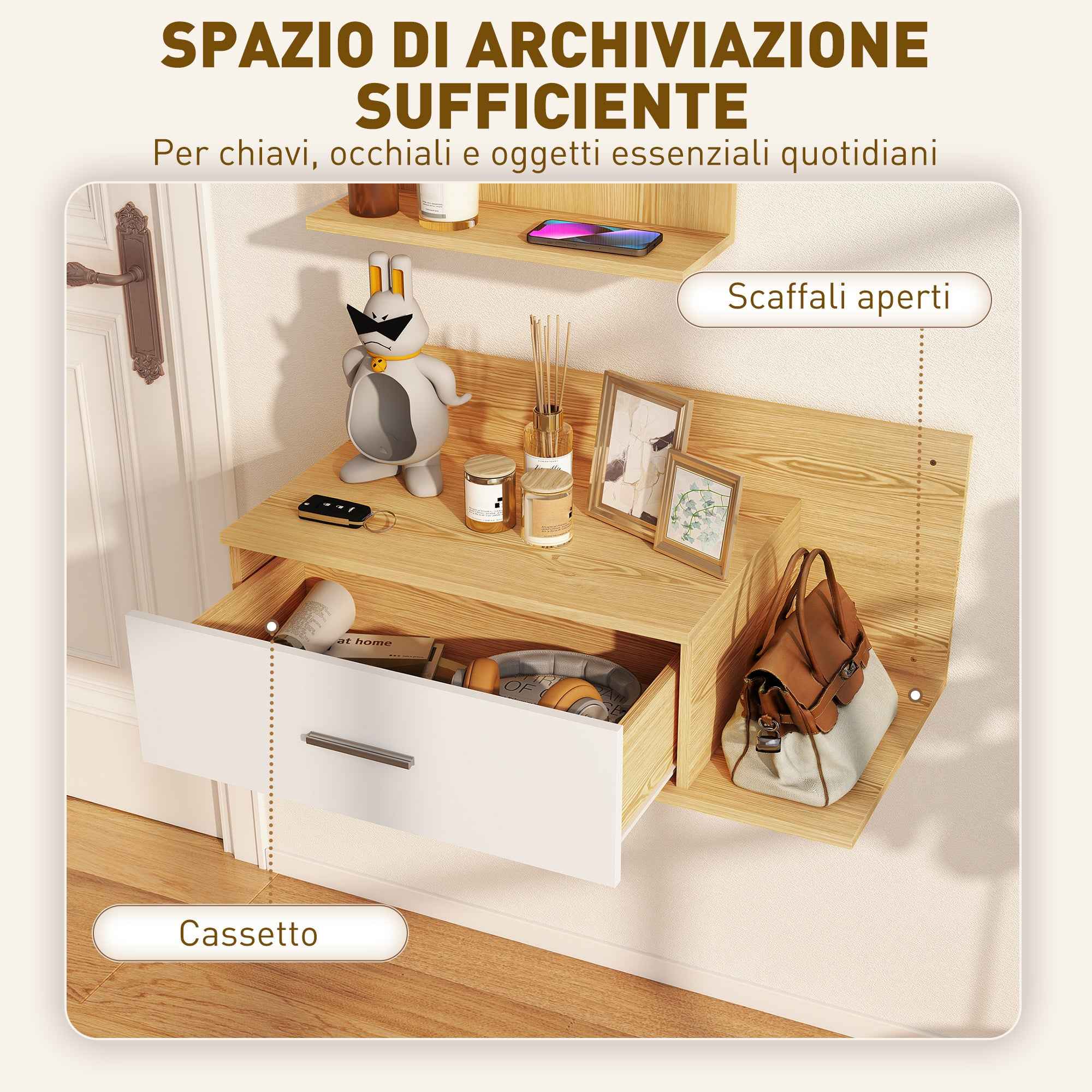 Hallway Set with Mirror, Shelf, Wall Cabinet with Drawer and 2 Open Shelves, Wood and Glass