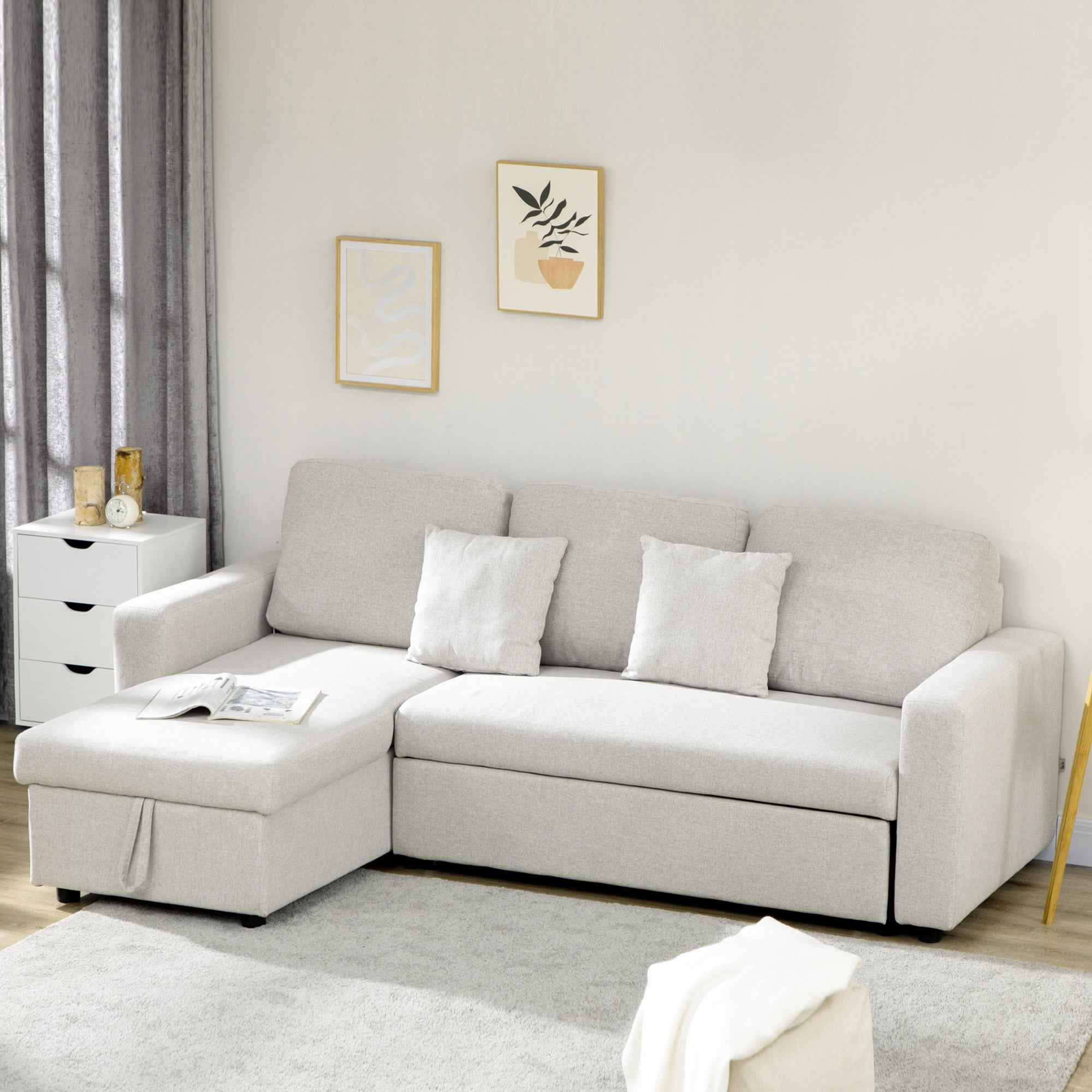 Corner Sofa Bed with 2 Seater Seat and Peninsula, Storage Compartment and 2 Fabric Cushions, Cream