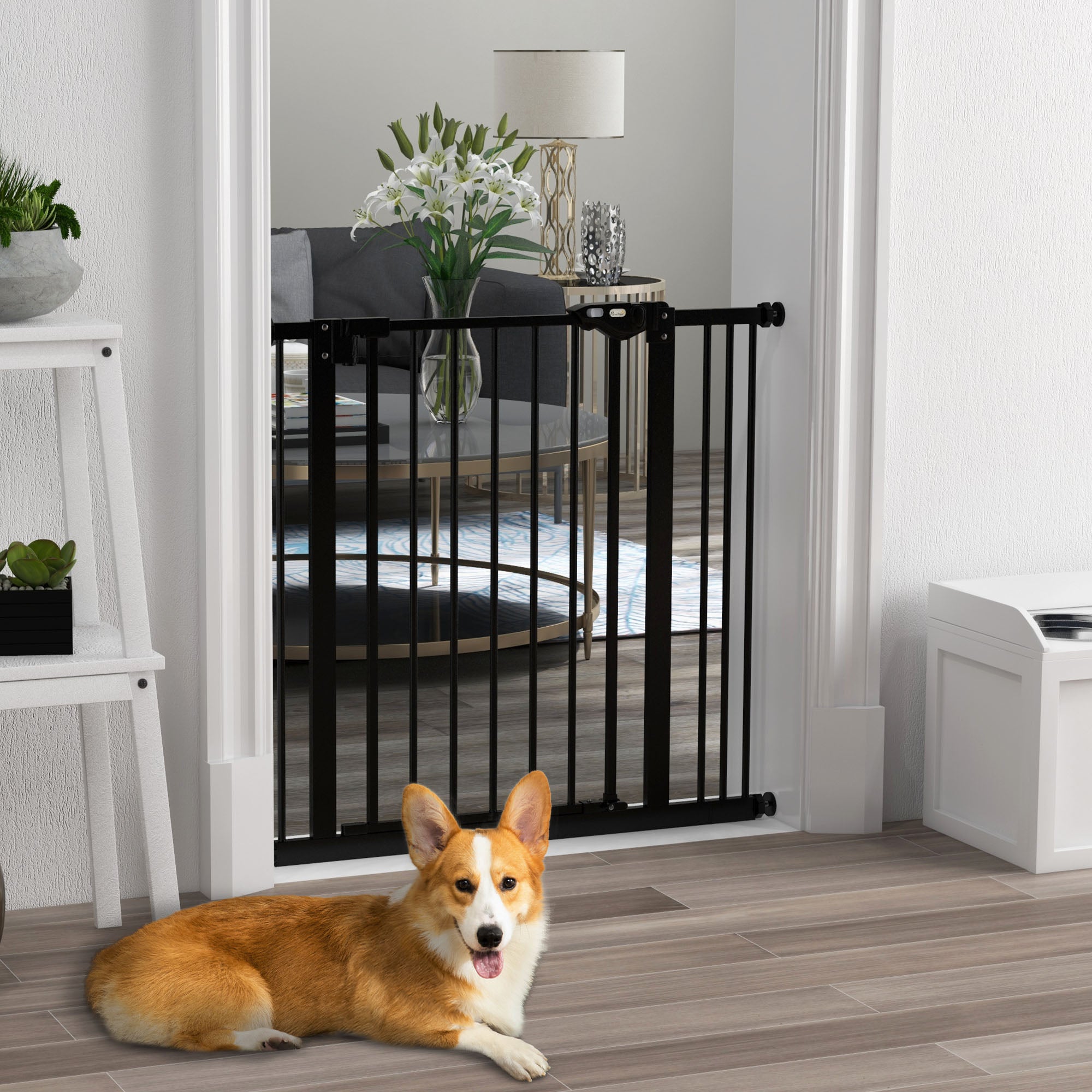 Dog Gate with 2 Extensions with Adjustable Width up to 100 cm and Automatic Closing, Black