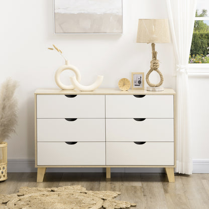 6 Drawer Chest with Carved Wooden Handles, 120x40x76 cm, White and Oak