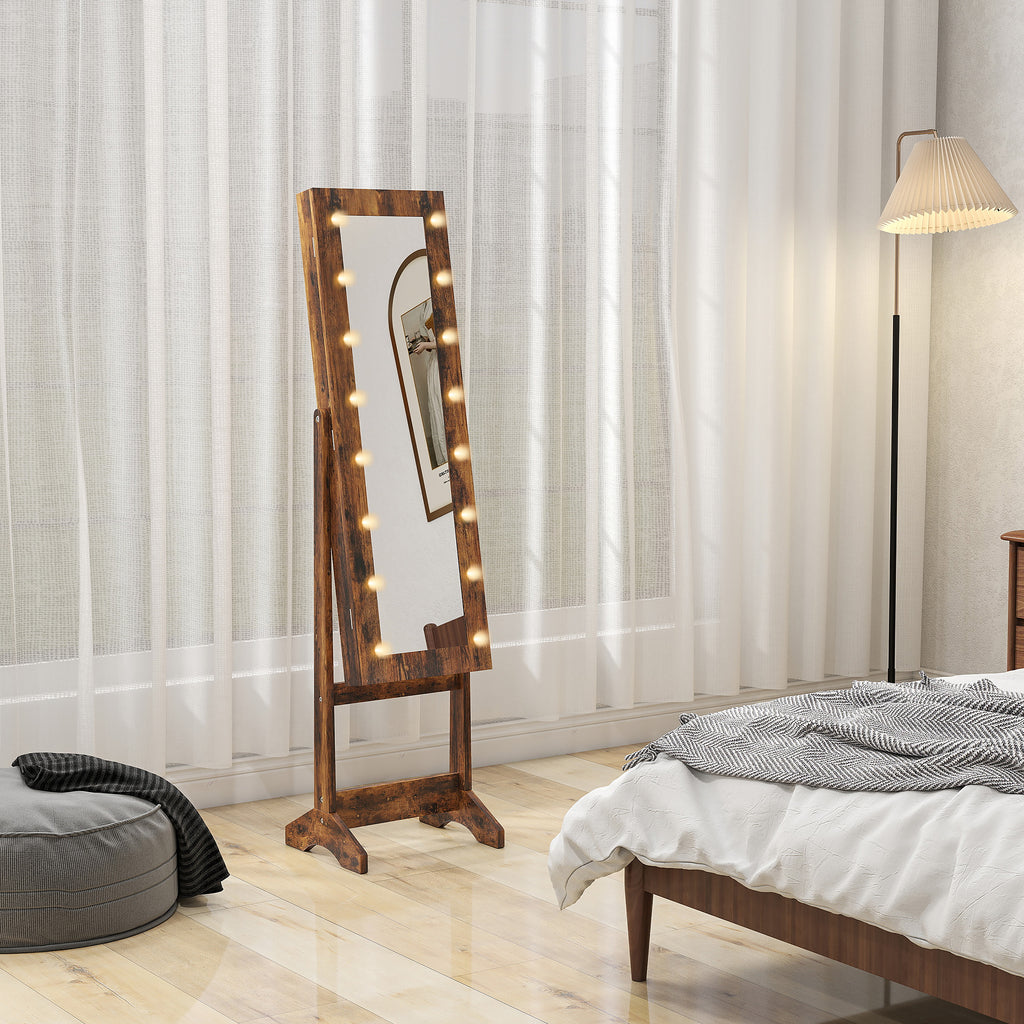 HOMCOM Jewelry Cabinet with Adjustable Mirror and LED Lights, 36x30x136 cm, Rustic Brown
