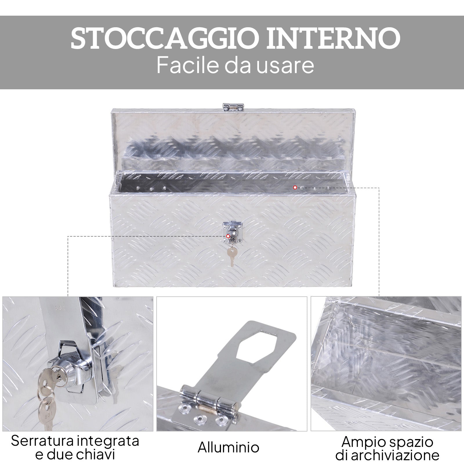 2 kg Tool Box with Key Lock, in Aluminum Sheet, 50x15.5x20.5 cm, Silver