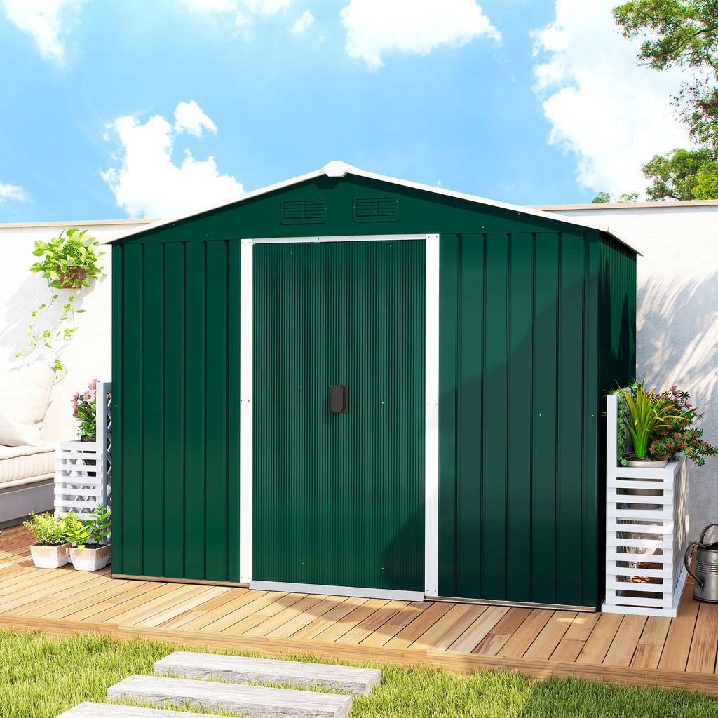 3.6m² Steel Sheet Garden Shed with 2 Sliding Doors and 4 Air Vents, 236x174x190cm, Green